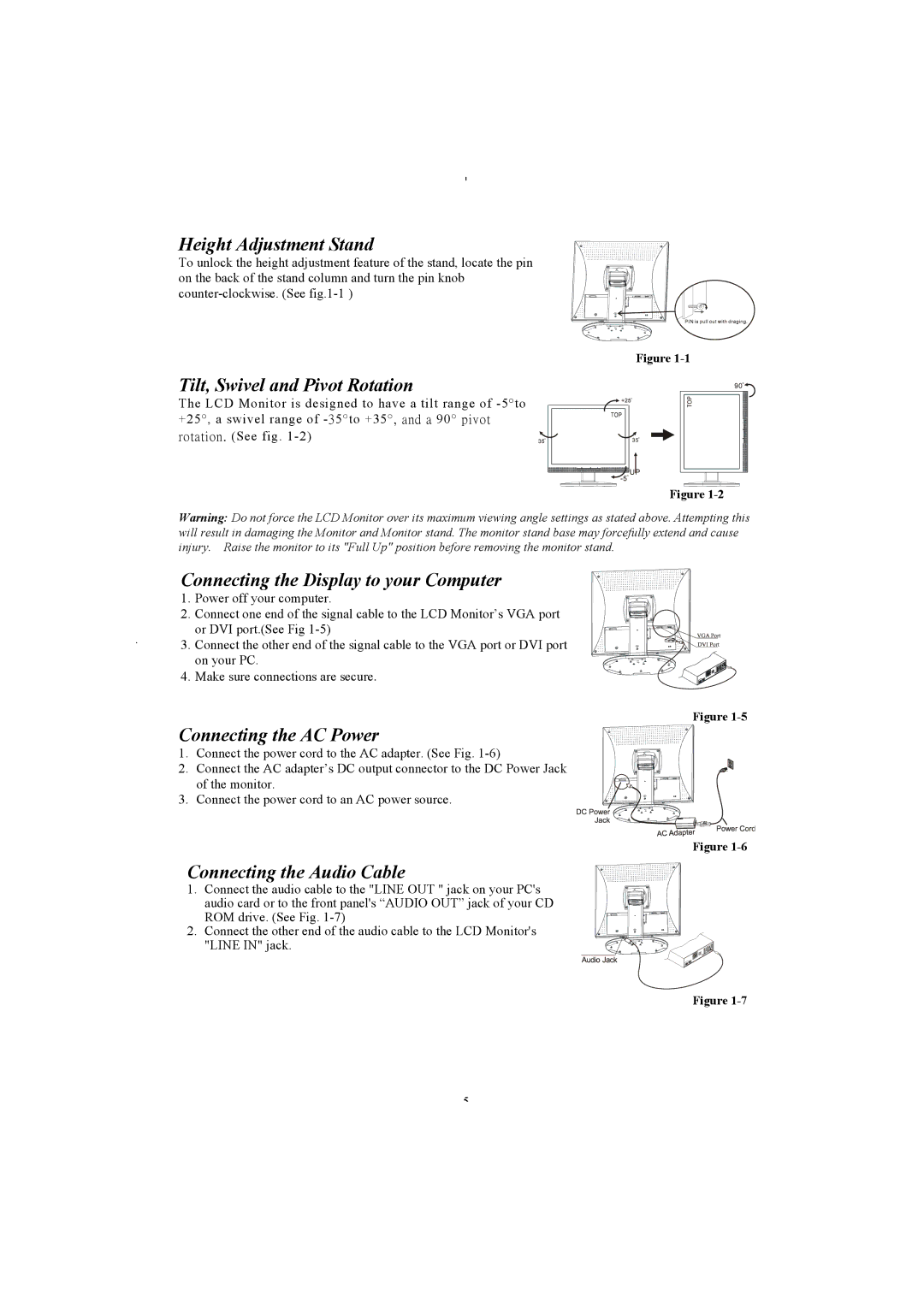 Planar PL2011 manual Height Adjustment Stand, Tilt, Swivel and Pivot Rotation, Connecting the Display to your Computer 