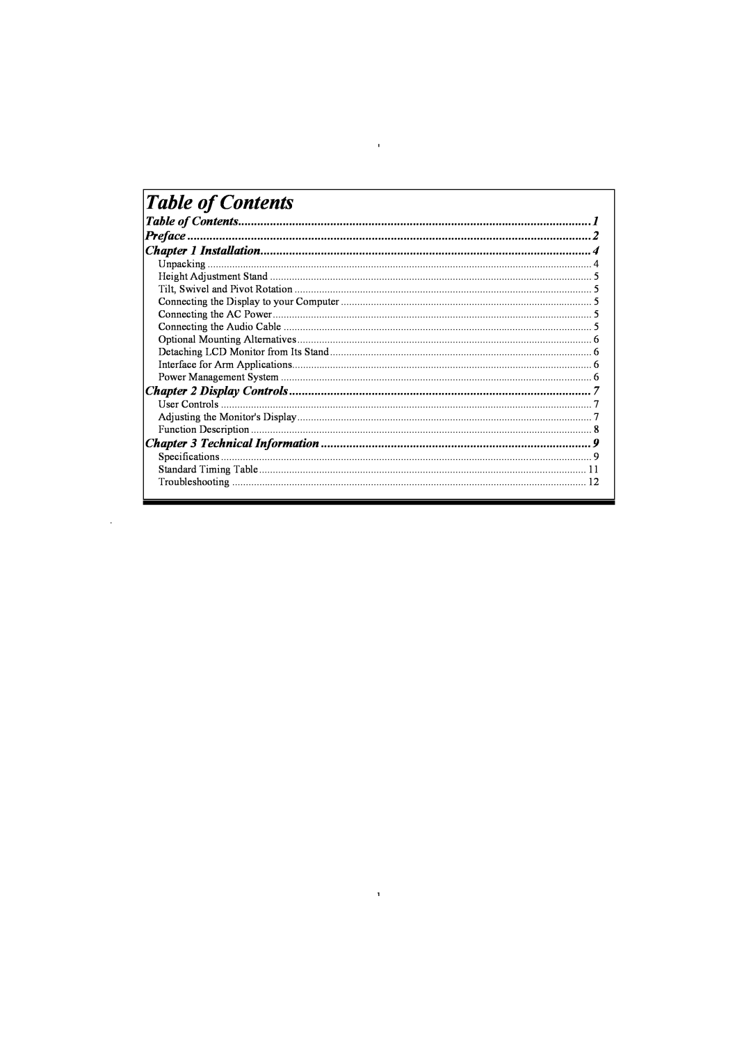Planar PL2011 manual Table of Contents, Preface, Installation, Display Controls, Technical Information 
