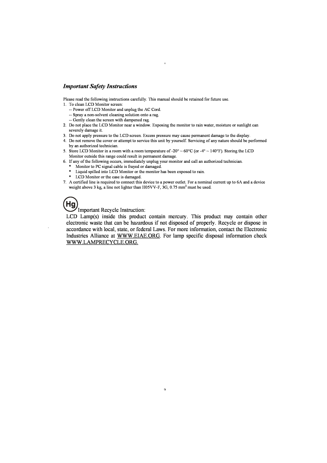 Planar PL2011 manual Important Safety Instructions, Important Recycle Instruction 