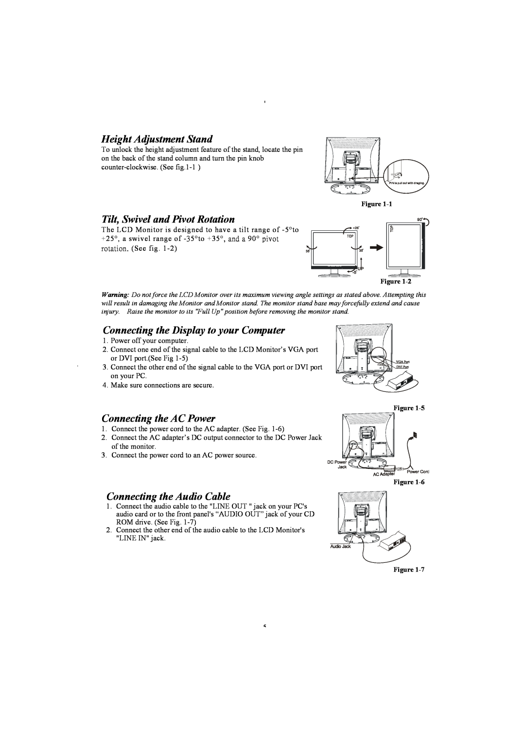 Planar PL2011 manual Height Adjustment Stand, Tilt, Swivel and Pivot Rotation, Connecting the Display to your Computer 