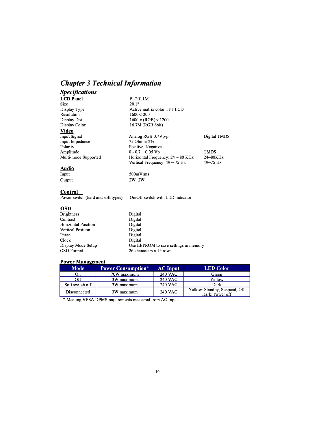 Planar PL2011M manual Specifications, Video, Audio, Control, Power Management, Mode, Power Consumption, AC Input, LED Color 