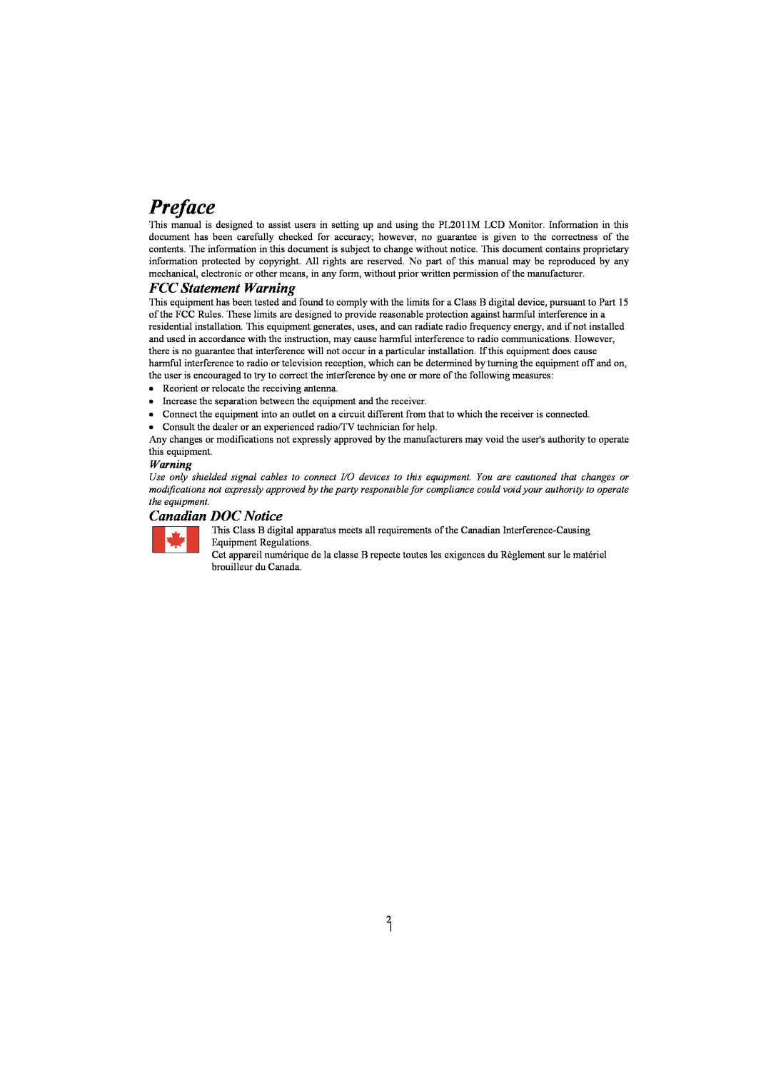 Planar PL2011M manual Preface, FCC Statement Warning, Canadian DOC Notice 
