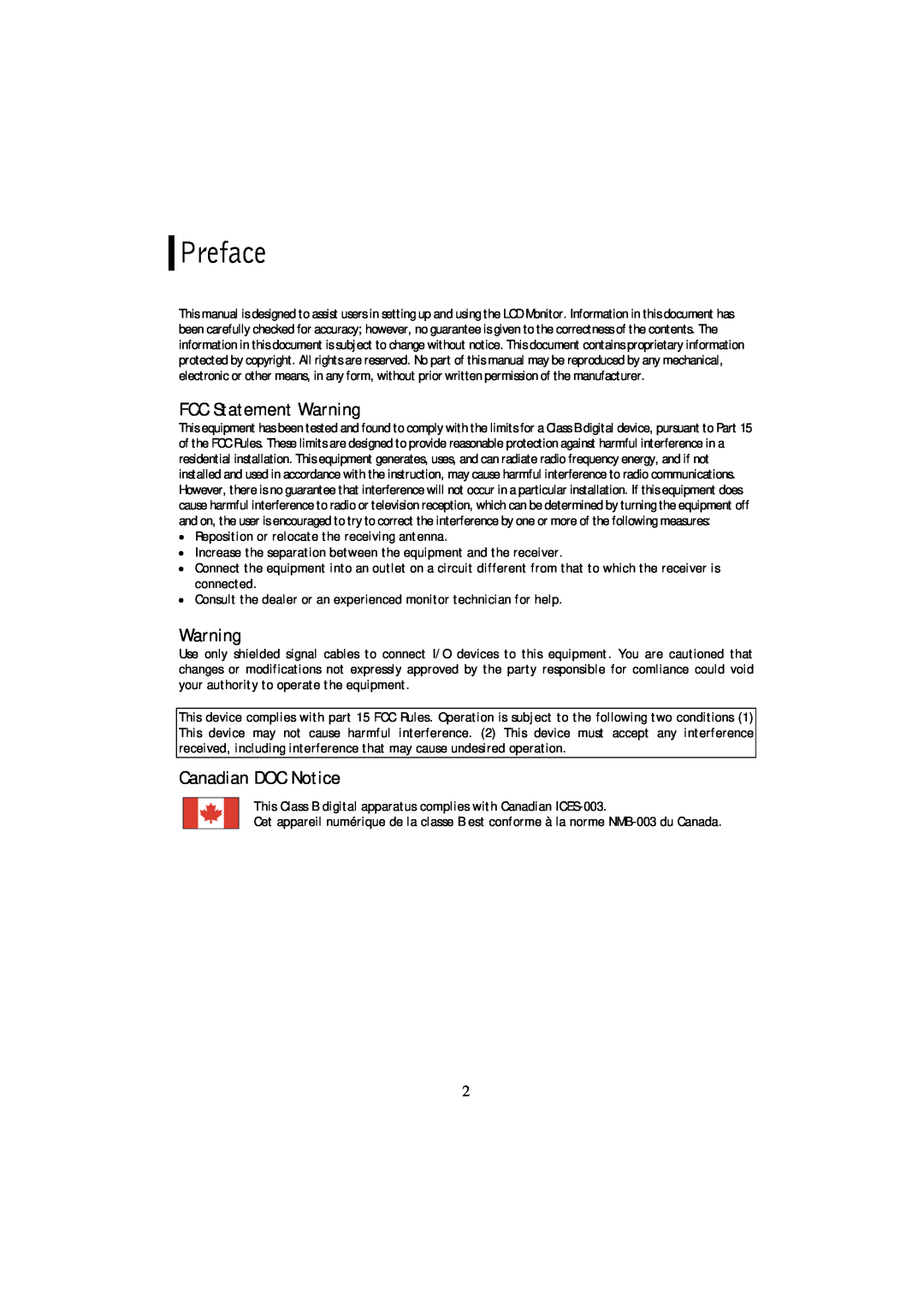Planar PL2011MW manual Preface, FCC Statement Warning, Canadian DOC Notice 