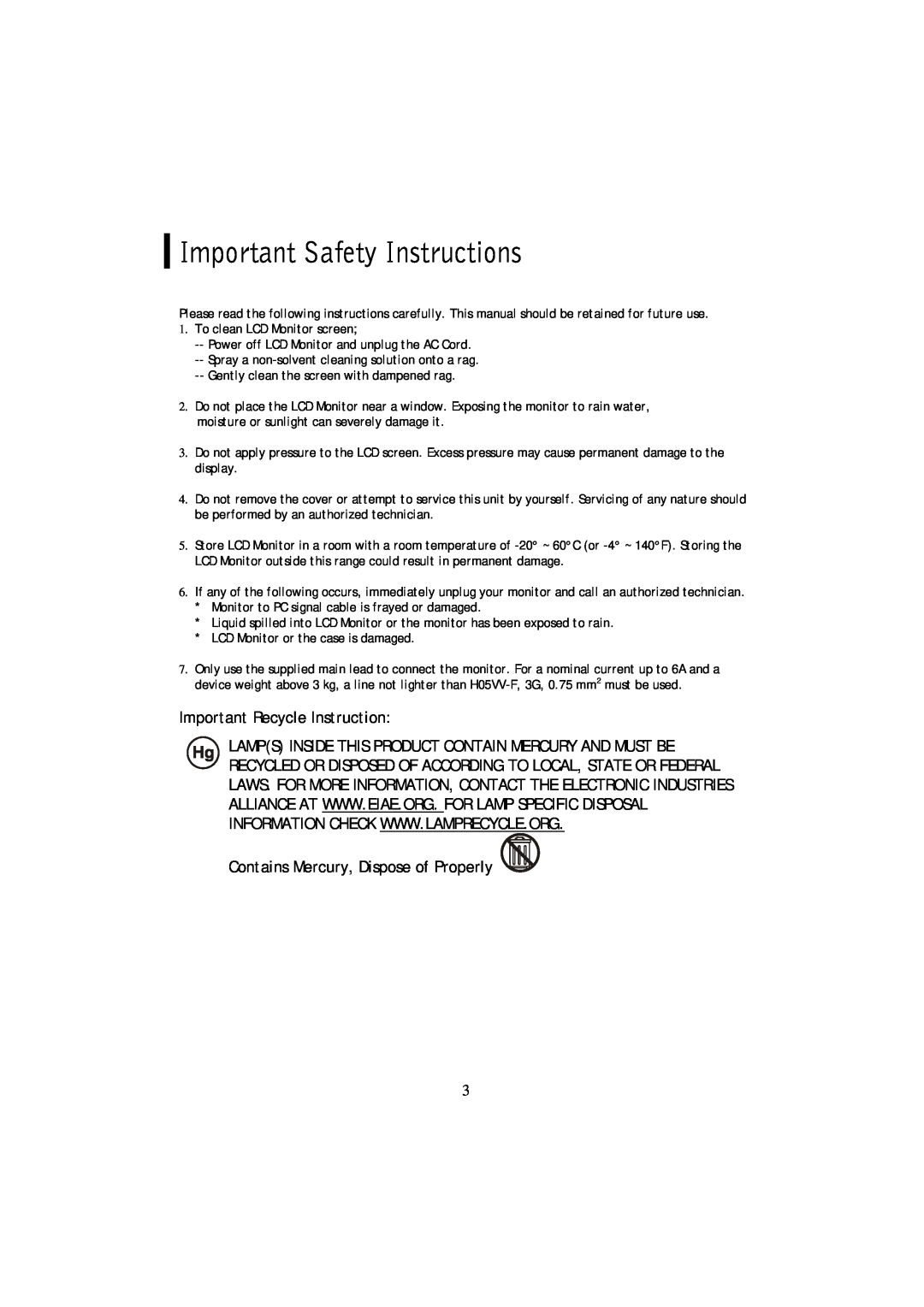 Planar PL2011MW manual Important Safety Instructions, Important Recycle Instruction, Contains Mercury, Dispose of Properly 