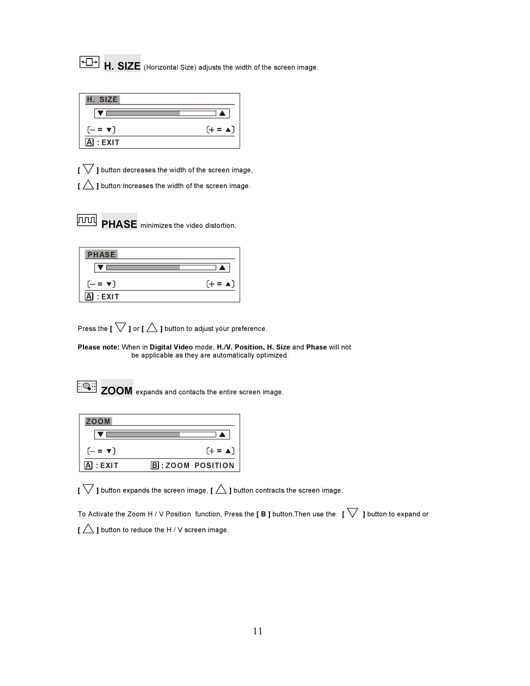 Planar PL201M manual Size Exit, Phase Exit, Zoom Exit Zoom Position 