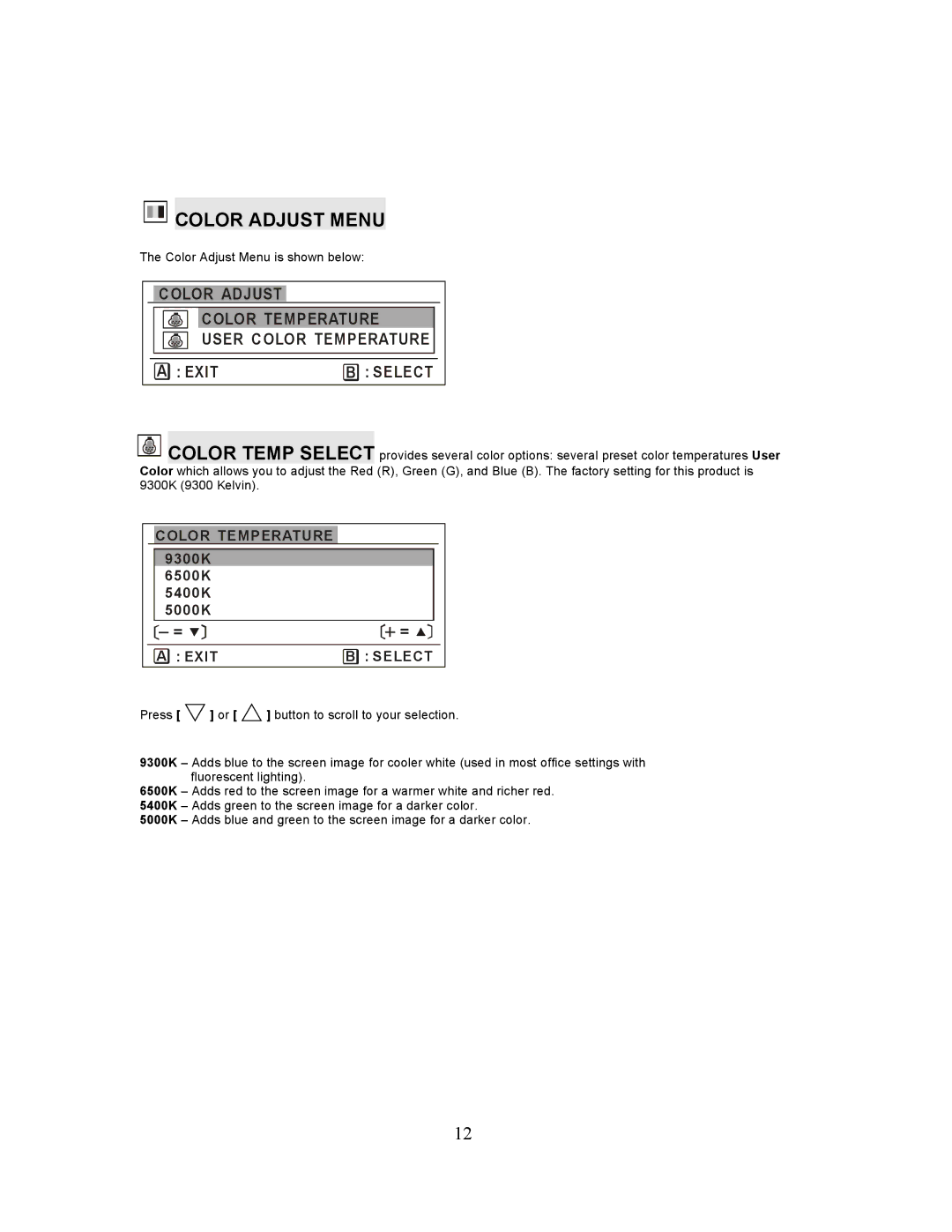 Planar PL201M manual Color Adjust Menu, Color Temperature, Exit Select 