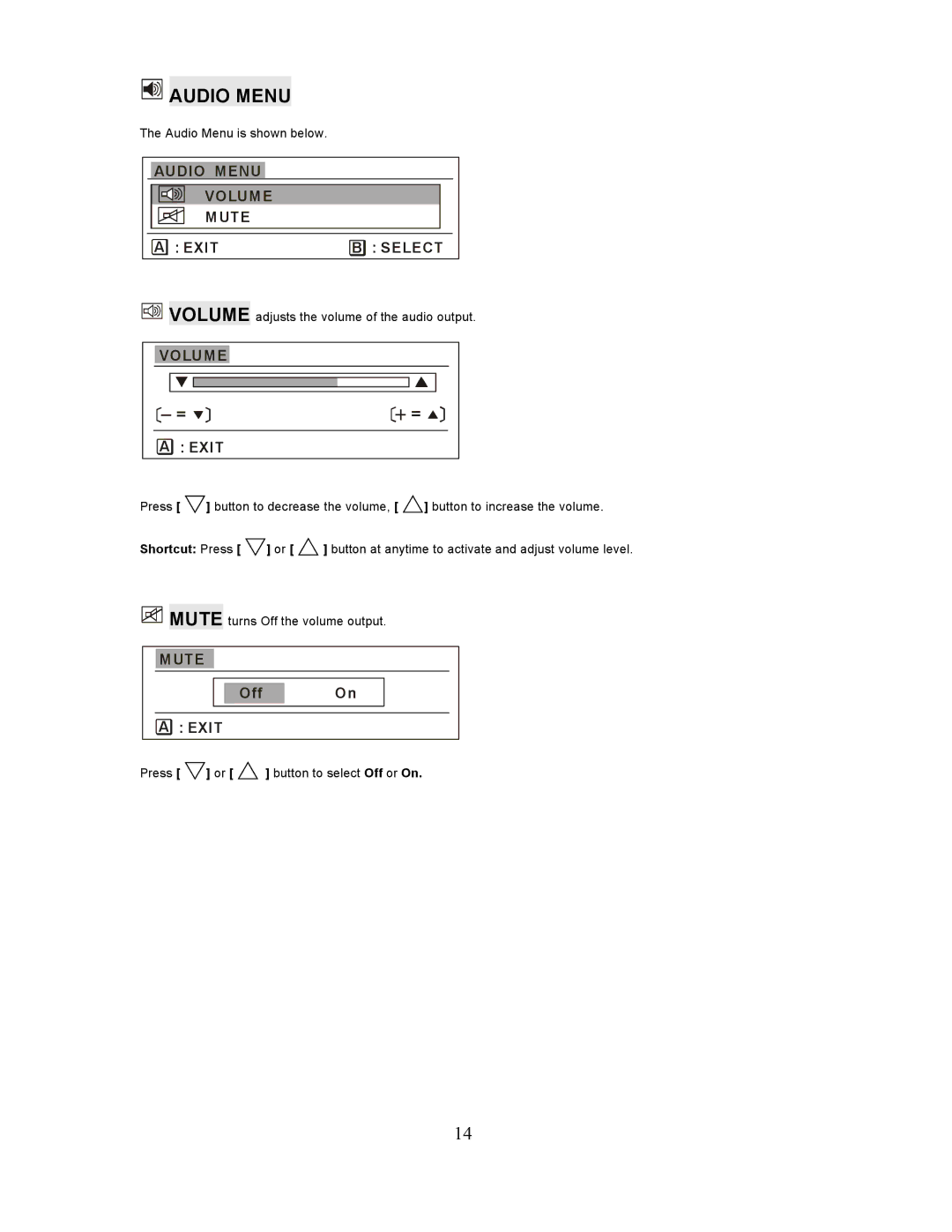 Planar PL201M manual Audio Menu, Volume Exit 