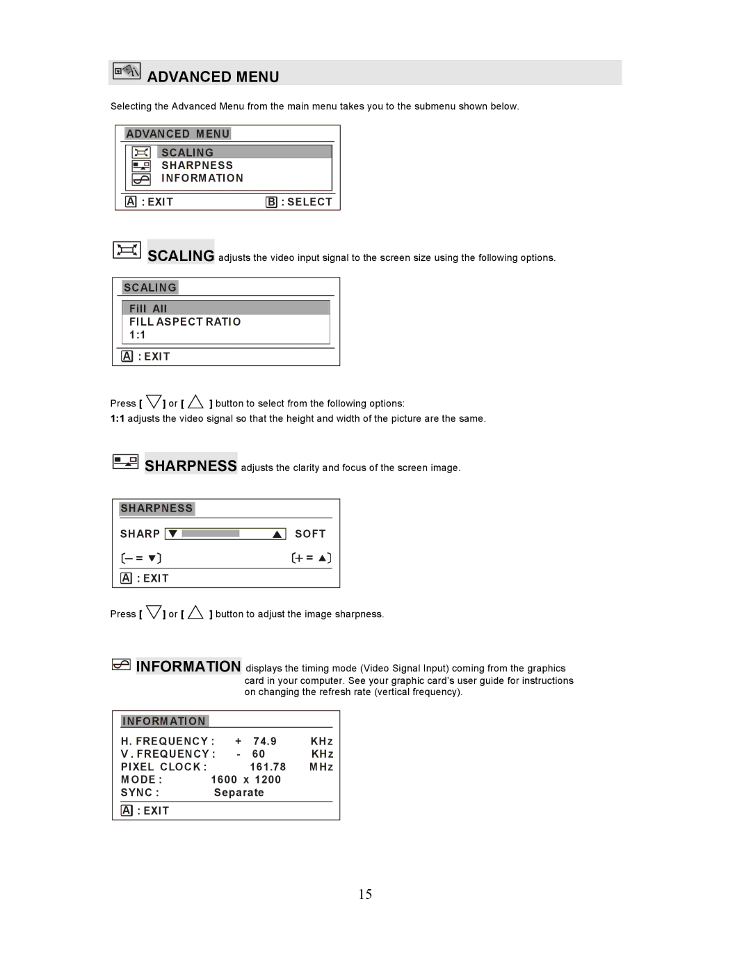 Planar PL201M manual Advanced Menu 