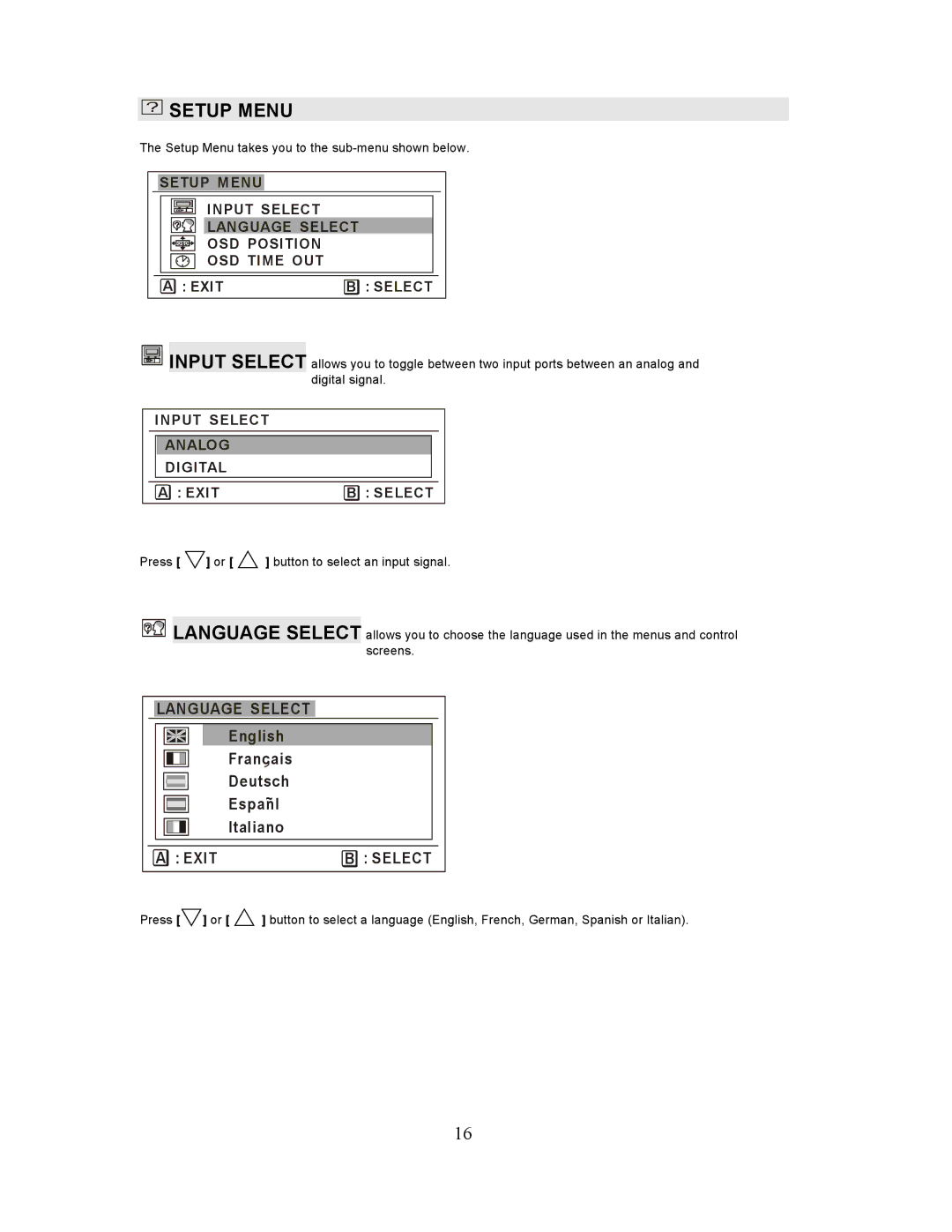 Planar PL201M manual Setup Menu, Input Select Analog Digital Exit 