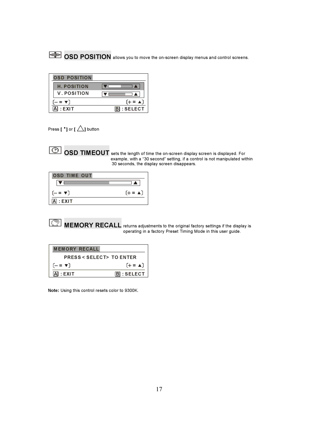 Planar PL201M manual OSD Position Exit Select, OSD Time OUT Exit, Memory Recall Press Select to Enter Exit 