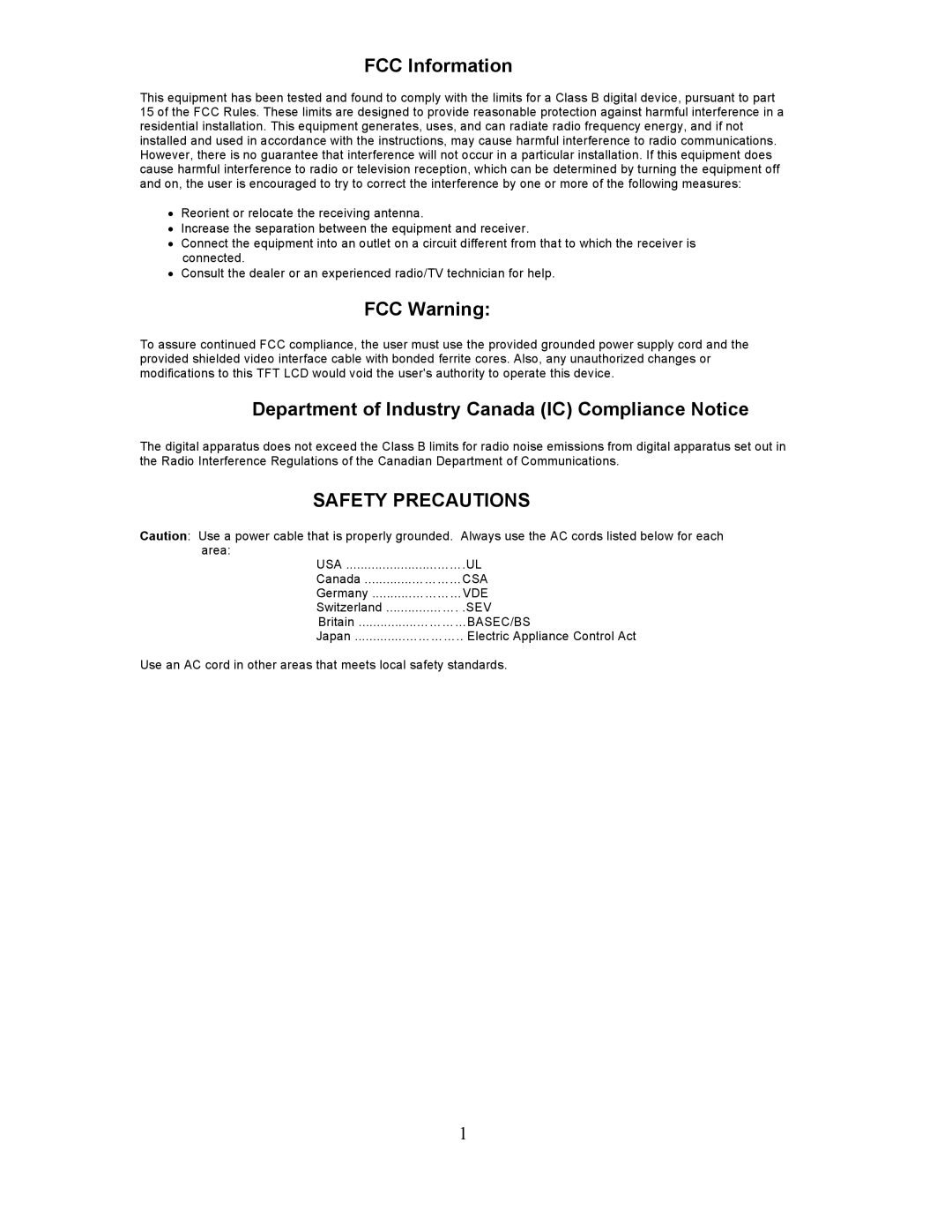 Planar PL201M manual FCC Information, FCC Warning, Department of Industry Canada IC Compliance Notice, Safety Precautions 