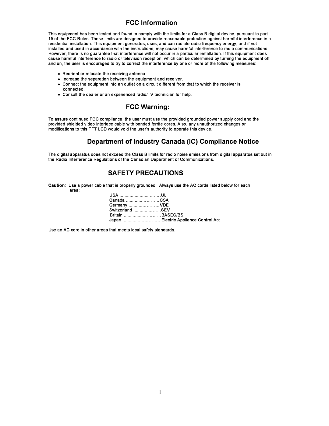 Planar PL201M manual FCC Information, FCC Warning, Department of Industry Canada IC Compliance Notice, Safety Precautions 