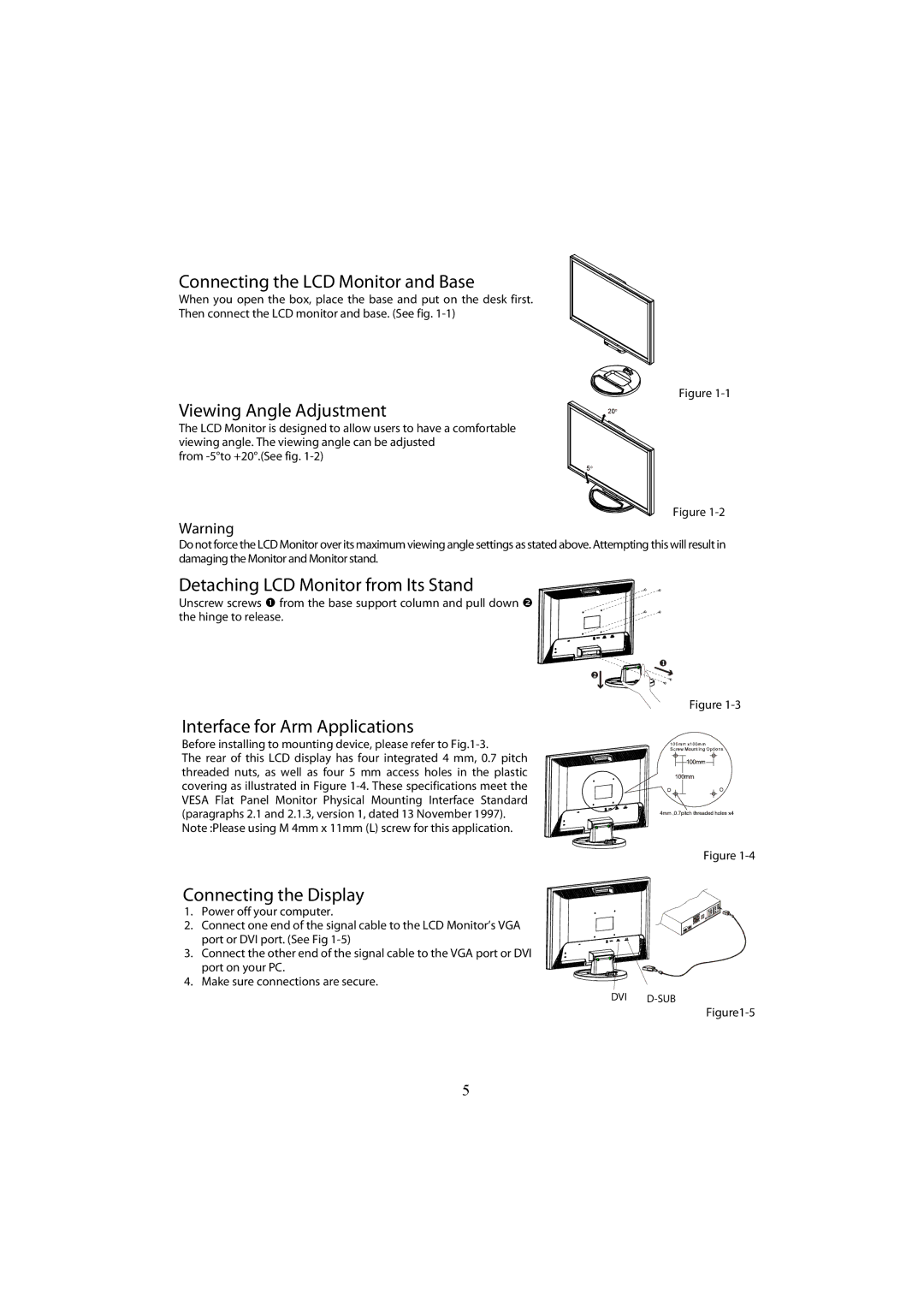 Planar PL2210MW manual Connecting the LCD Monitor and Base, Viewing Angle Adjustment, Detaching LCD Monitor from Its Stand 