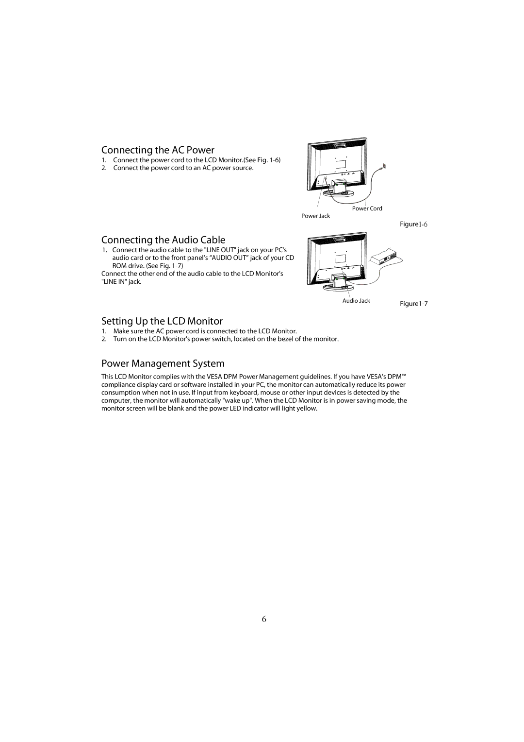 Planar PL2210MW Connecting the AC Power, Connecting the Audio Cable, Setting Up the LCD Monitor, Power Management System 