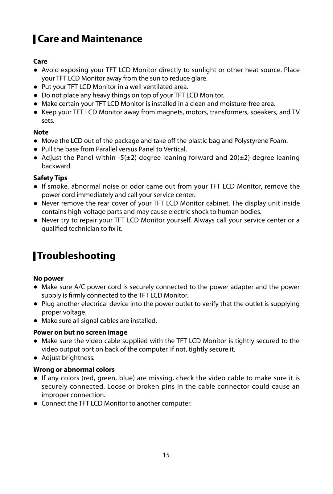 Planar PL2210W manual Care and Maintenance, Troubleshooting 