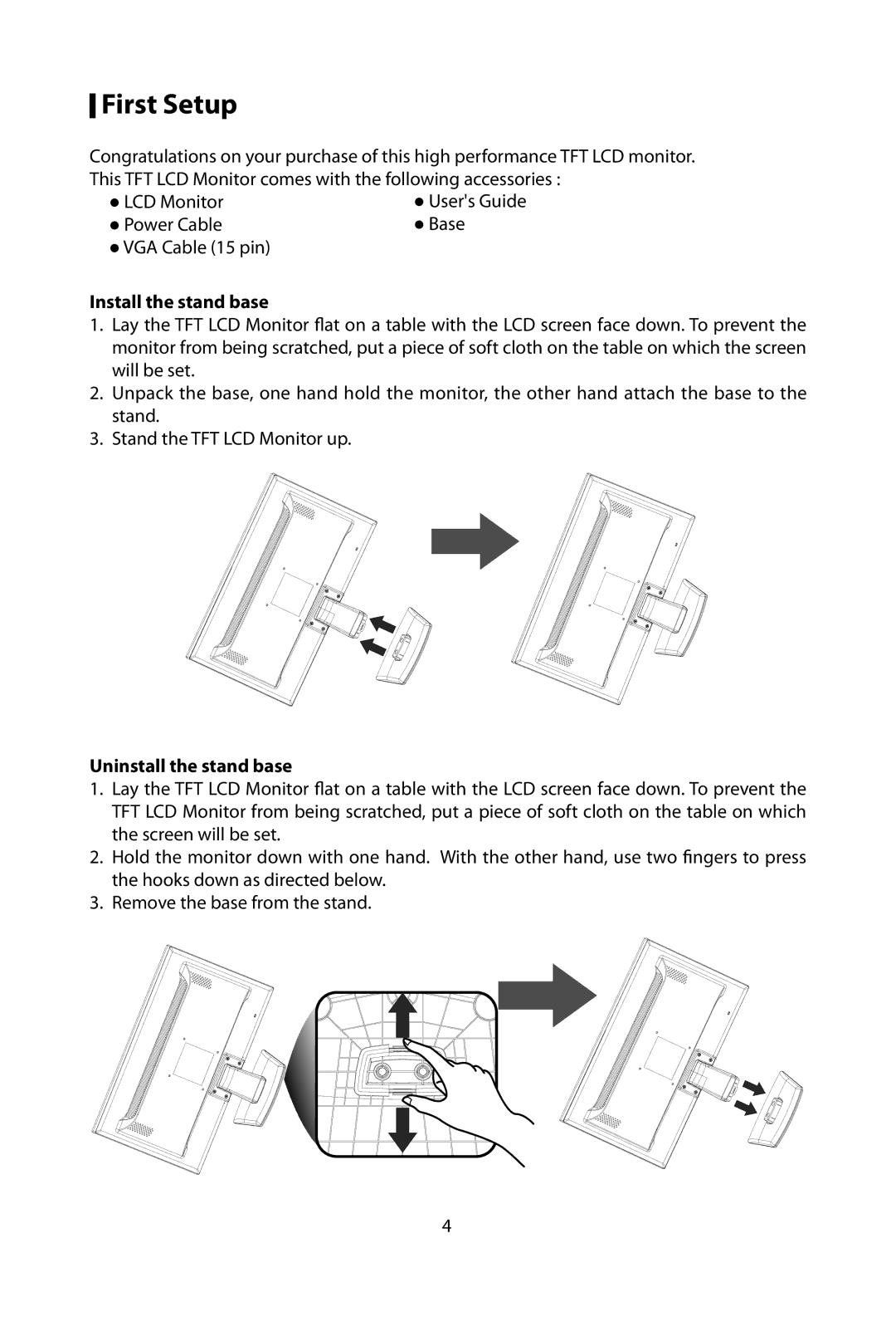 Planar PL2210W manual First Setup, Install the stand base, Uninstall the stand base 