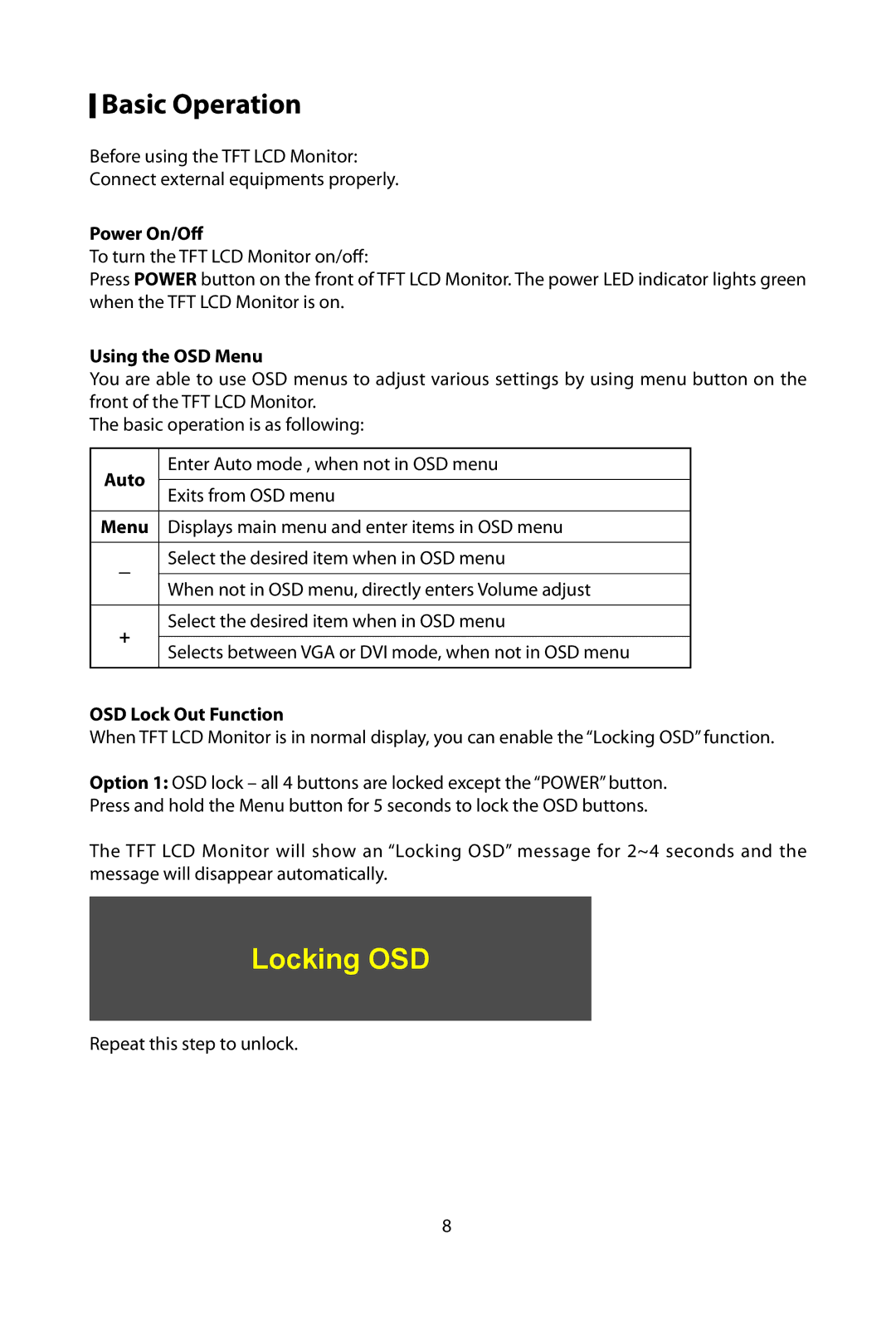 Planar PL2210W manual Basic Operation, Power On/Off, Using the OSD Menu, Auto, OSD Lock Out Function 