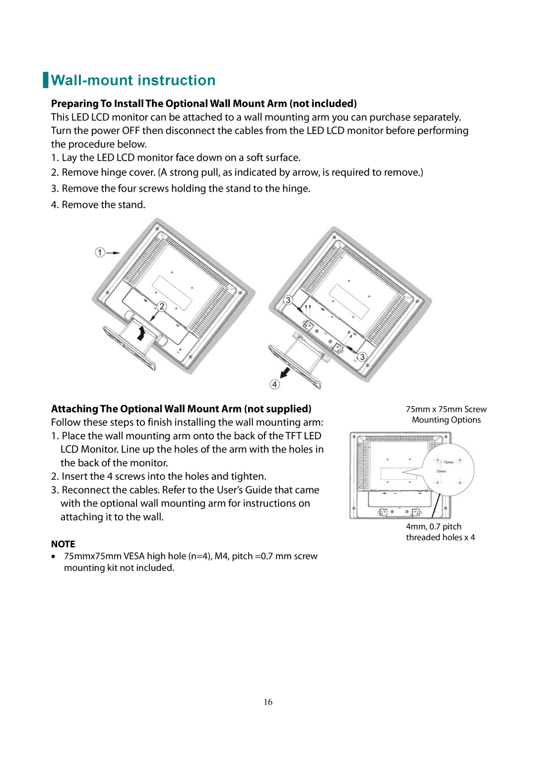 Planar PLL1500M manual Wall-mount instruction, Attaching The Optional Wall Mount Arm not supplied 