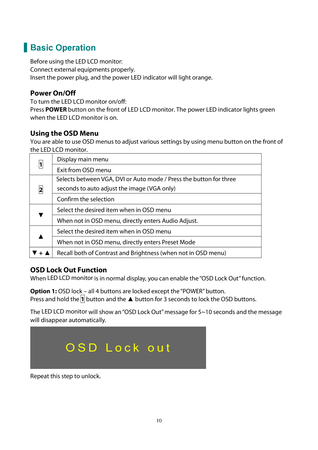 Planar PLL1911M manual Basic Operation, Power On/Off, Using the OSD Menu, OSD Lock Out Function 