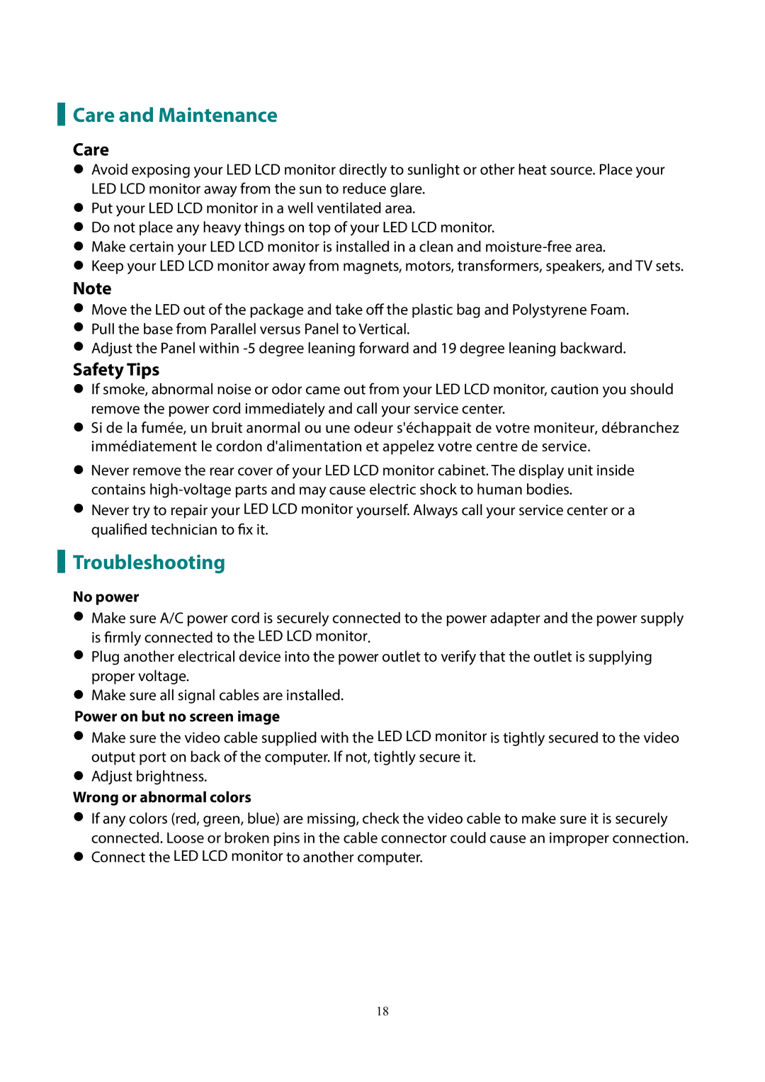 Planar PLL1911M manual Care and Maintenance, Troubleshooting, Safety Tips 