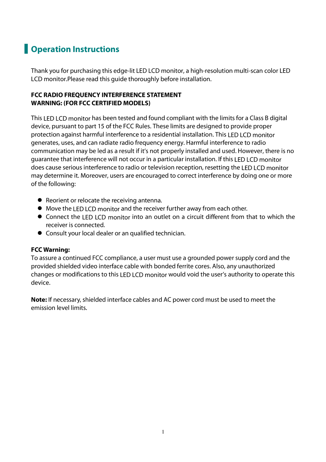 Planar PLL1911M manual Operation Instructions, FCC Warning 