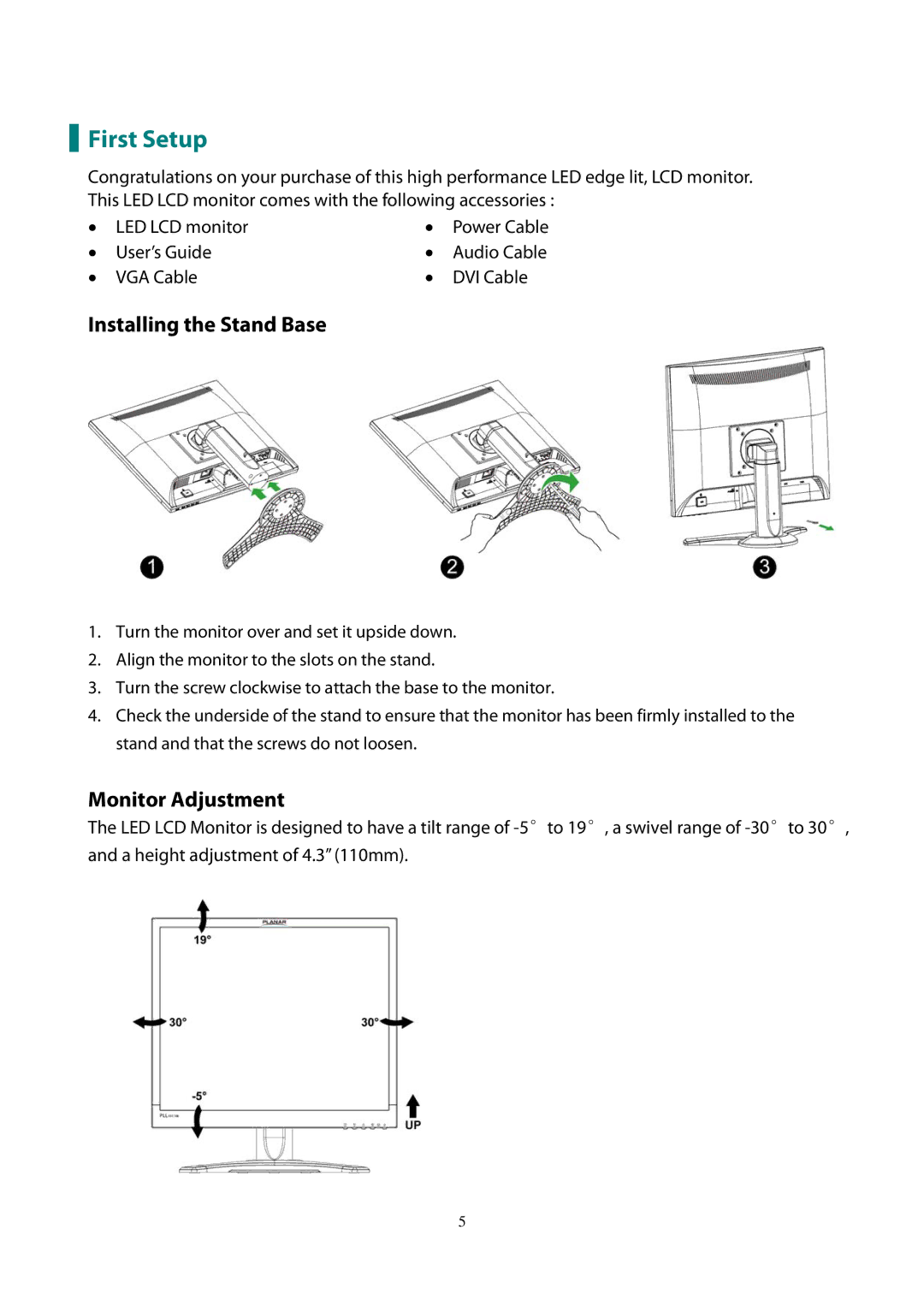 Planar PLL1911M manual First Setup, Installing the Stand Base, Monitor Adjustment 