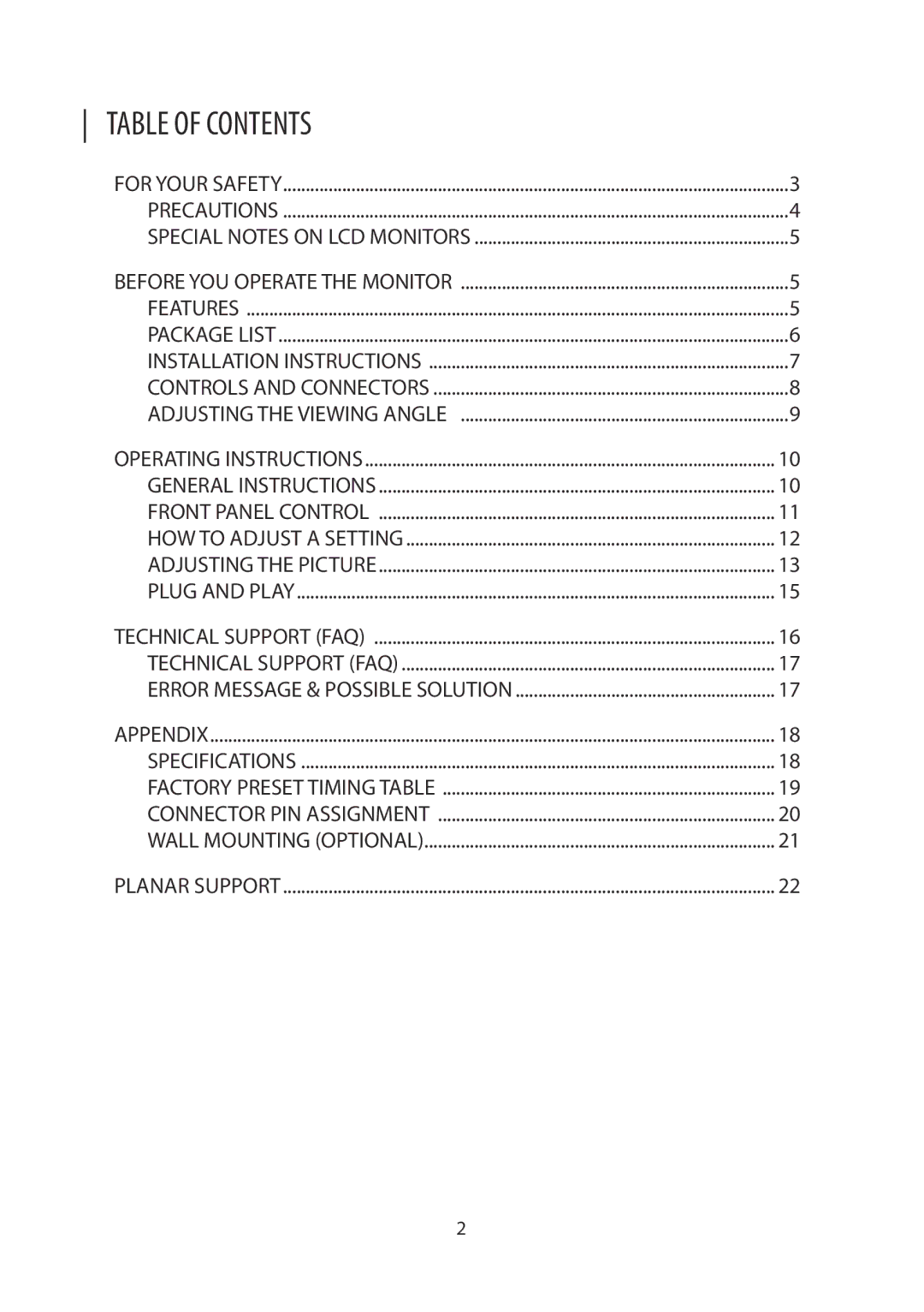 Planar PLL2010MW manual Table of Contents 