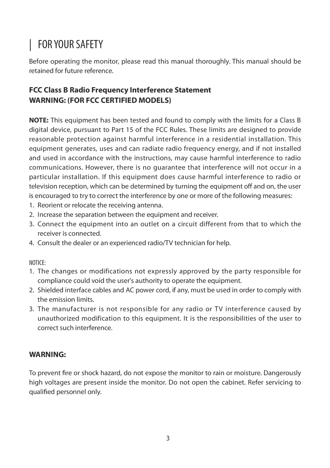 Planar PLL2010MW manual For Your Safety, FCC Class B Radio Frequency Interference Statement 