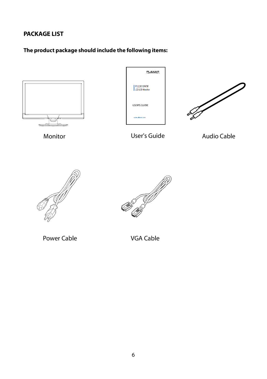 Planar PLL2010MW manual Package List, Product package should include the following items 