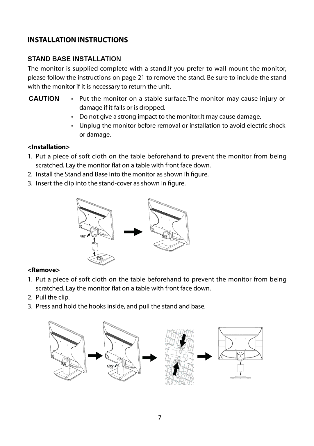 Planar PLL2010MW manual Installation Instructions, Stand Base Installation, Remove 