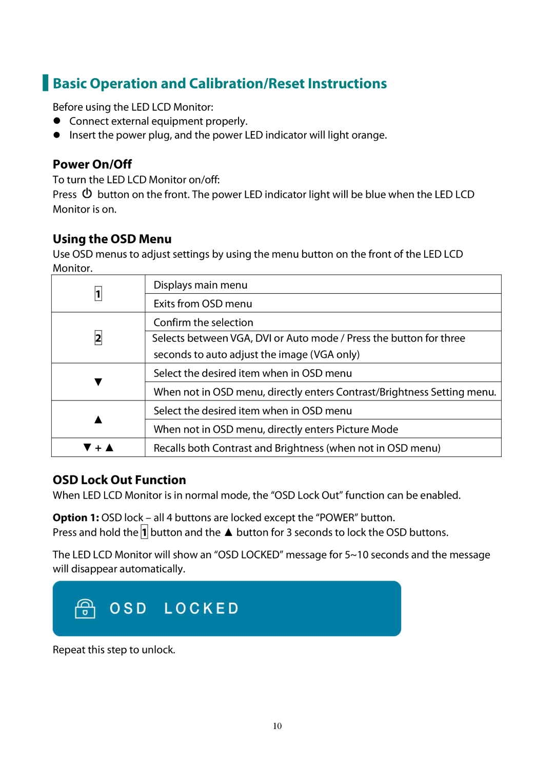 Planar PLL2010W manual Basic Operation and Calibration/Reset Instructions, Power On/Off, Using the OSD Menu 