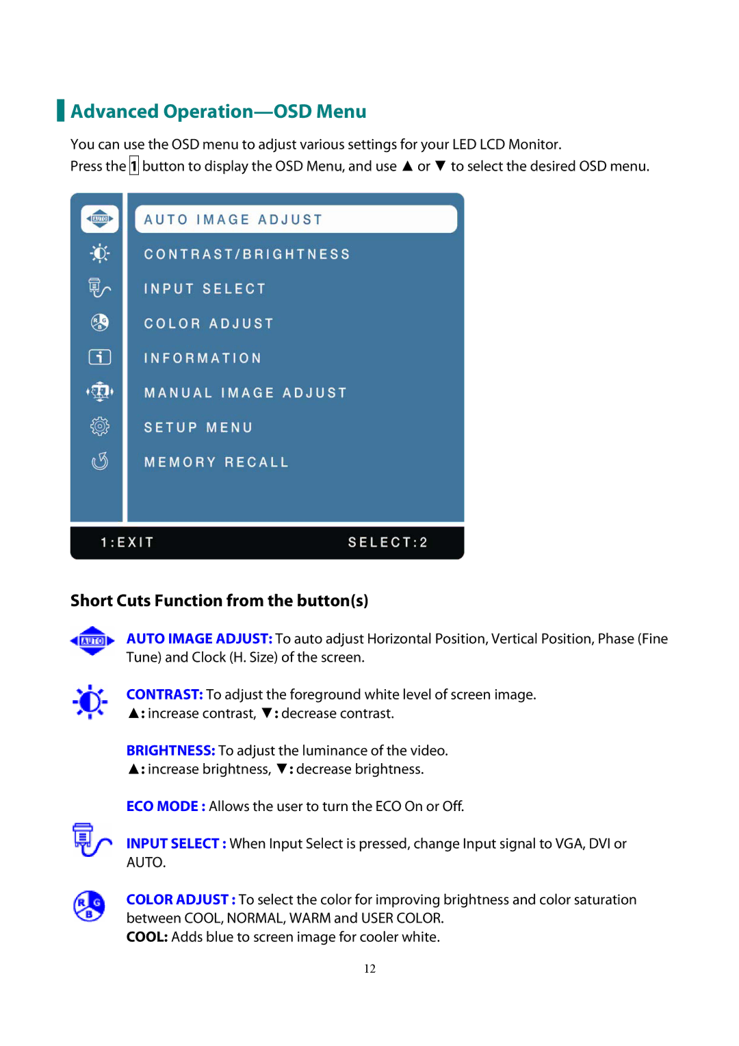 Planar PLL2010W manual Advanced Operation-OSD Menu, Short Cuts Function from the buttons 