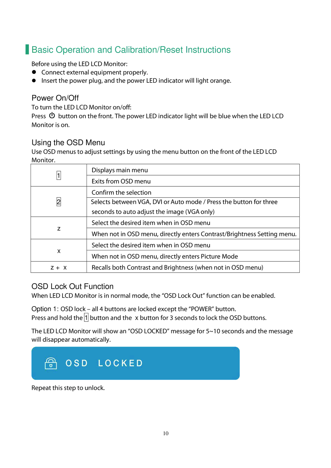 Planar PLL2770W manual Basic Operation and Calibration/Reset Instructions, Power On/Off, Using the OSD Menu 