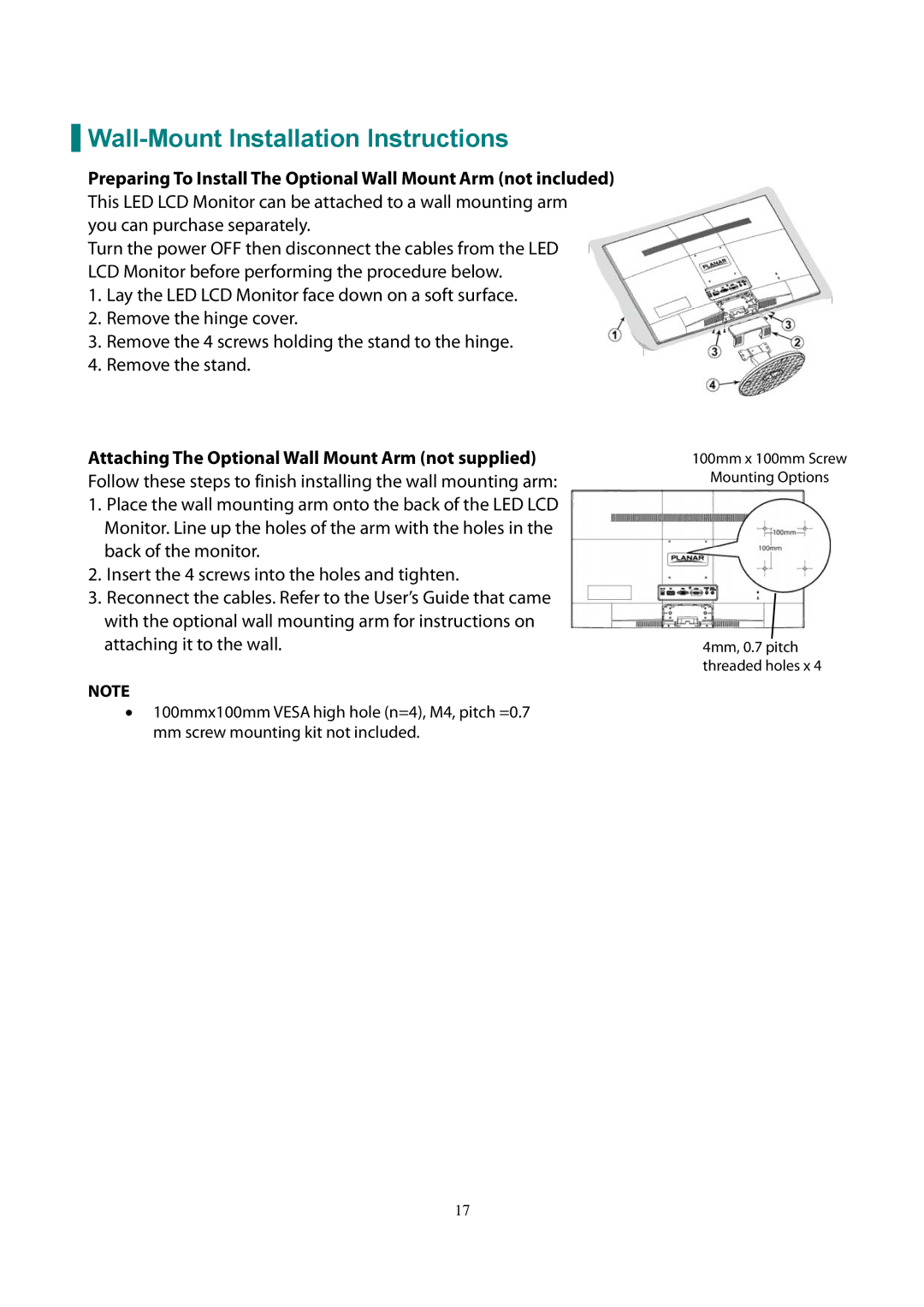 Planar PLL2770W manual Wall-Mount Installation Instructions, Attaching The Optional Wall Mount Arm not supplied 