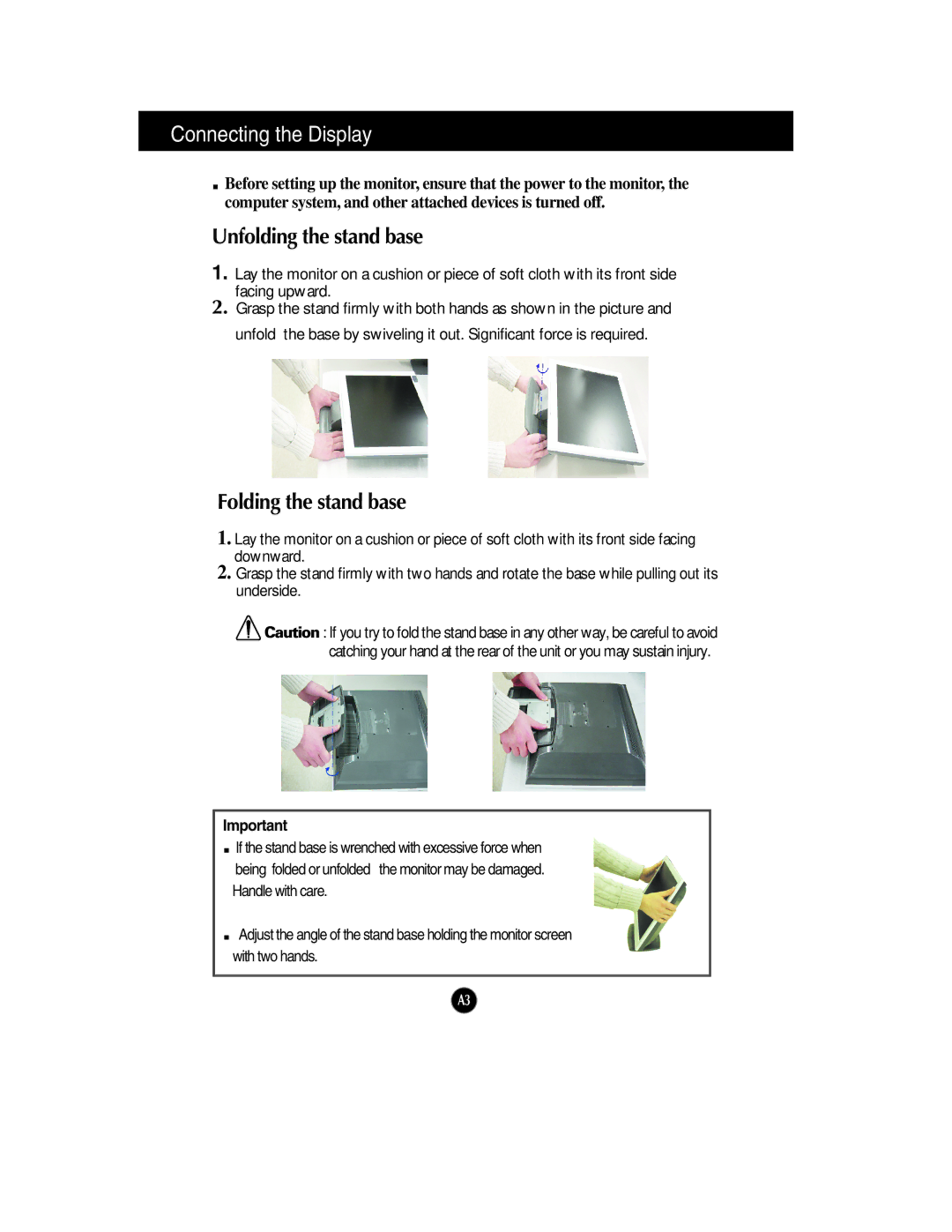 Planar PQ150 manual Connecting the Display, Unfolding the stand base, Folding the stand base 