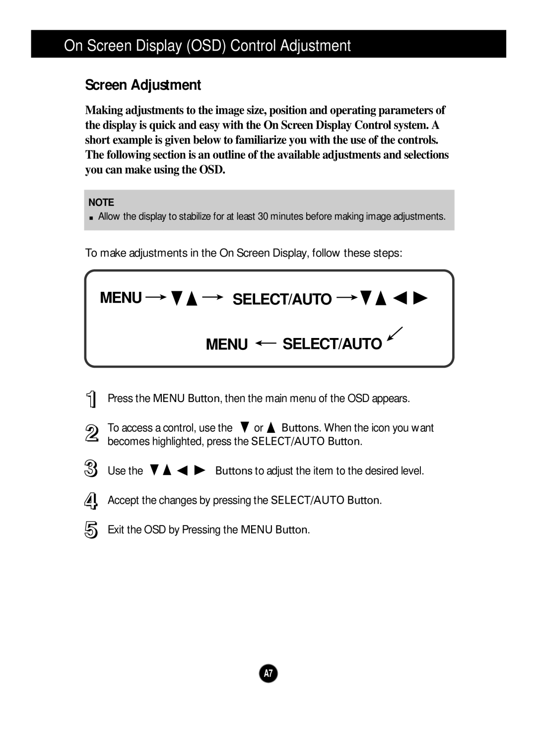 Planar PQ150 manual On Screen Display OSD Control Adjustment, Screen Adjustment 