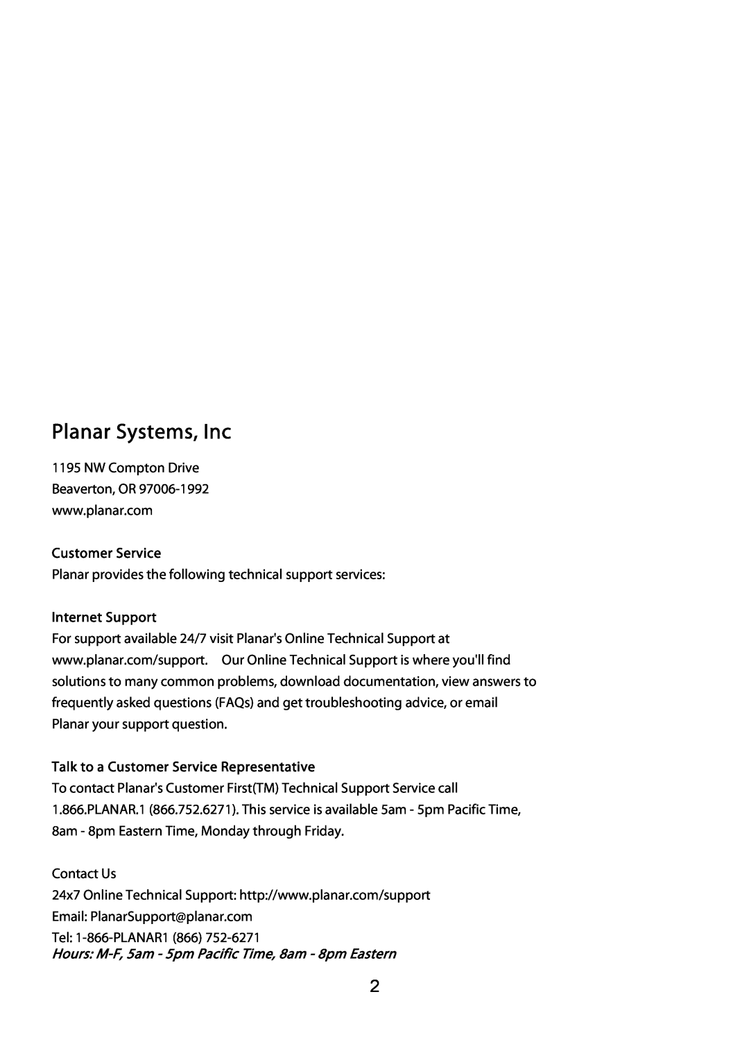 Planar PQ1710M manual Planar Systems, Inc, Internet Support, Talk to a Customer Service Representative 