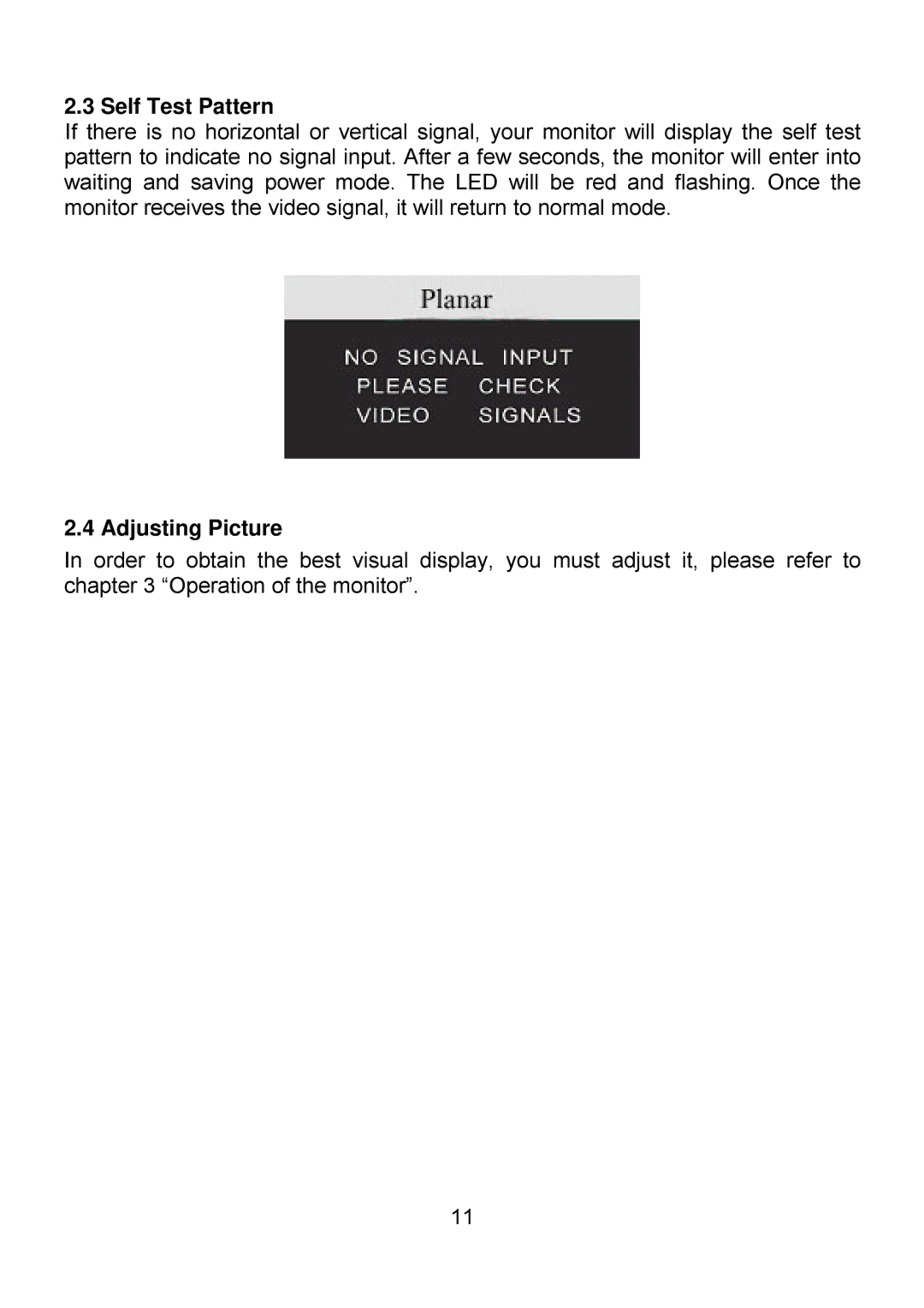 Planar PQ1710M manual Self Test Pattern, Adjusting Picture 