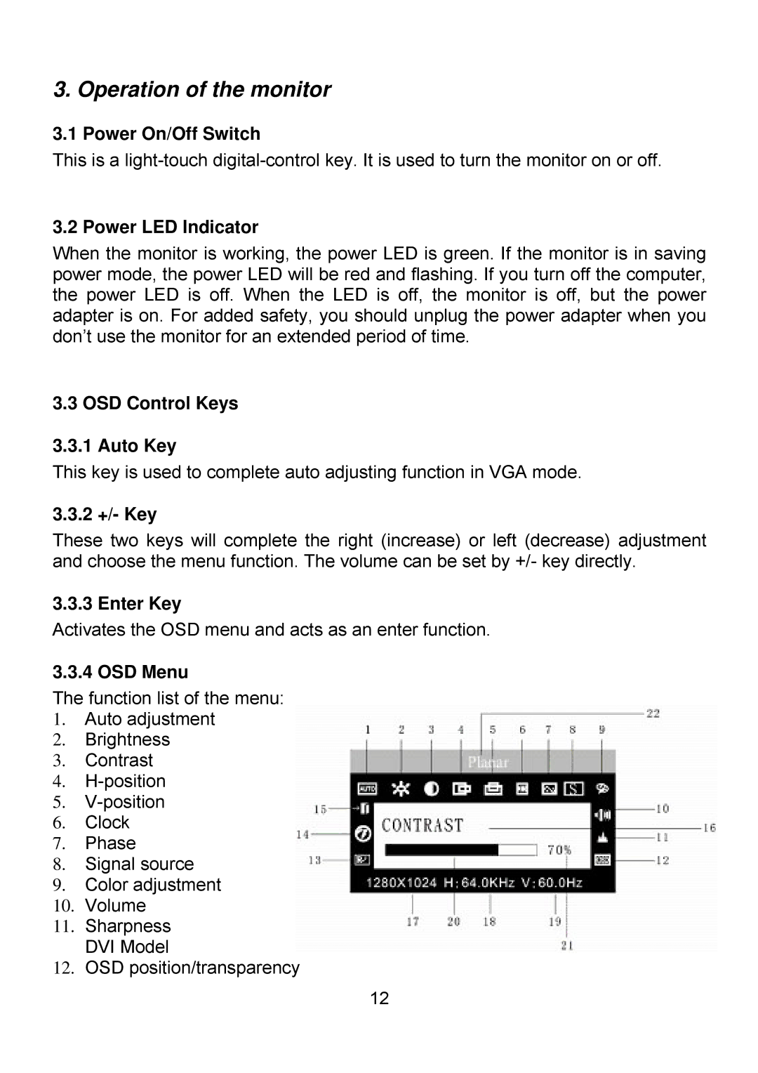 Planar PQ1710M manual Operation of the monitor 