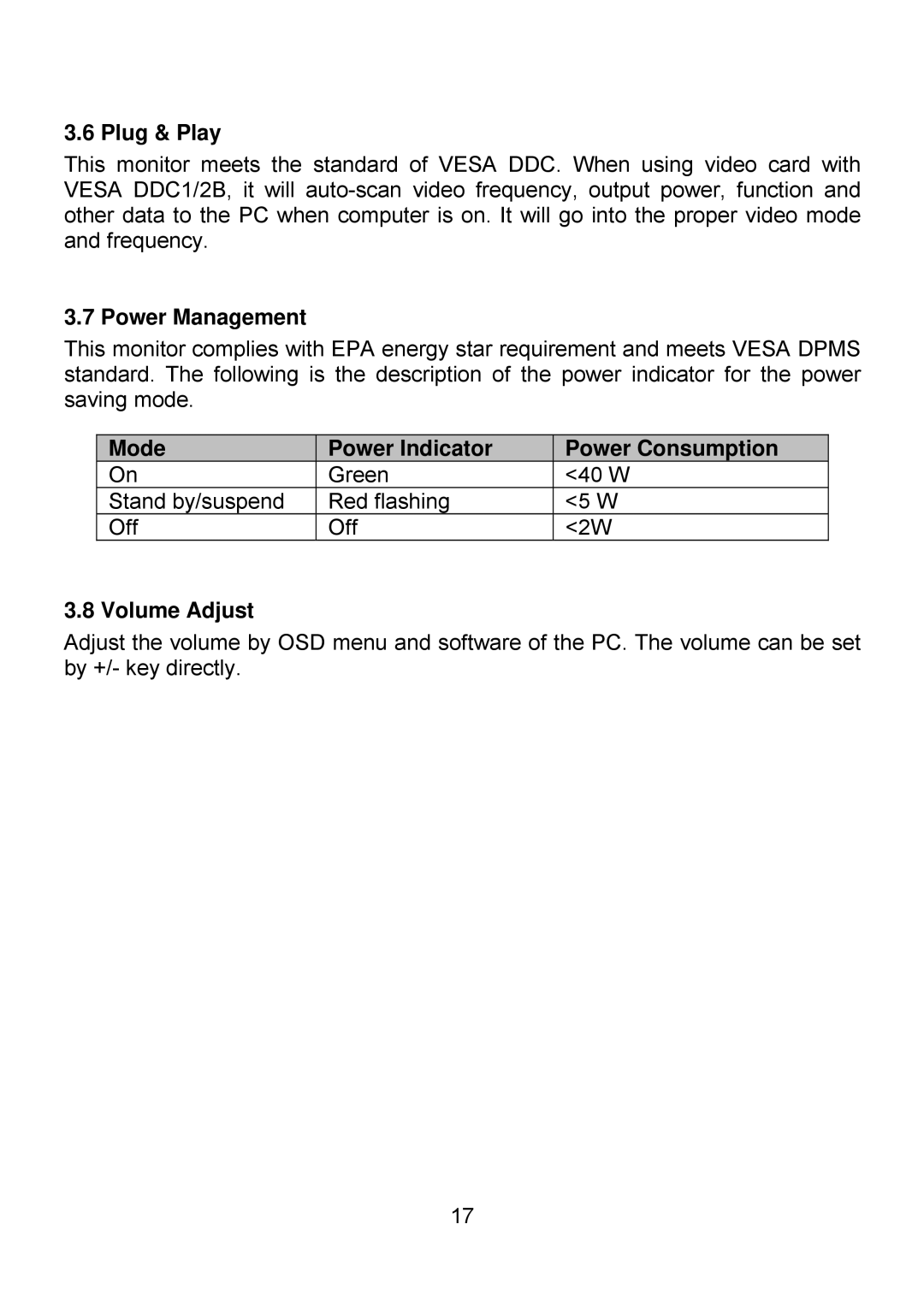 Planar PQ1710M manual Plug & Play, Power Management, Mode Power Indicator Power Consumption, Volume Adjust 