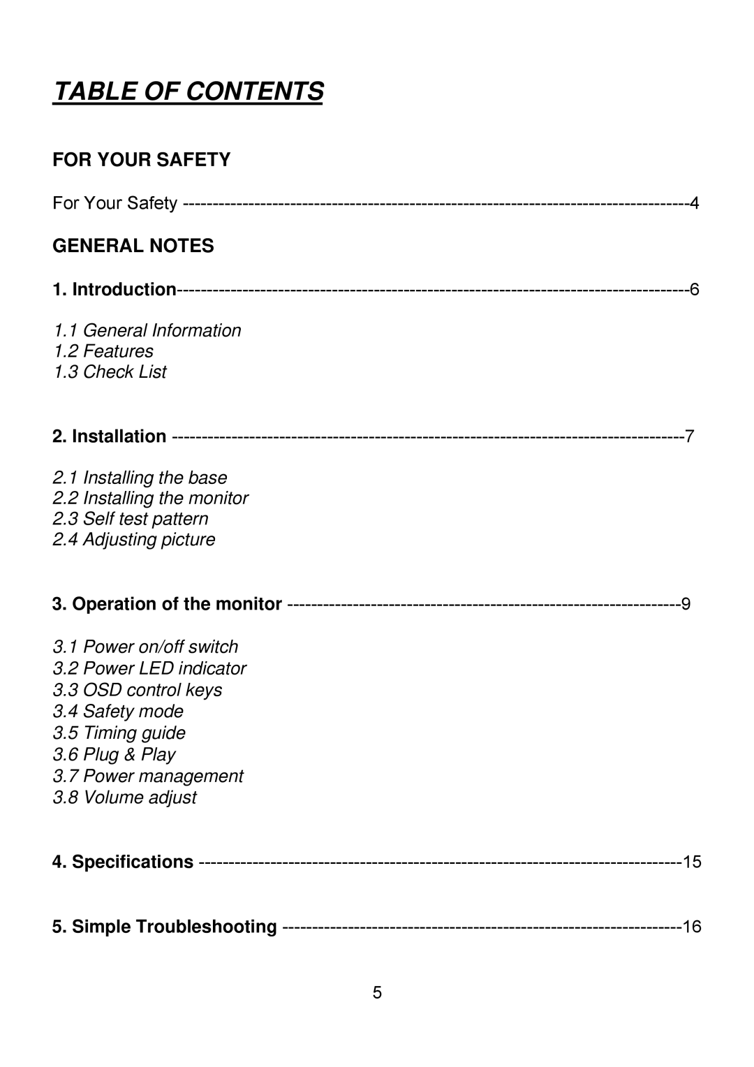 Planar PQ1710M manual Table of Contents 