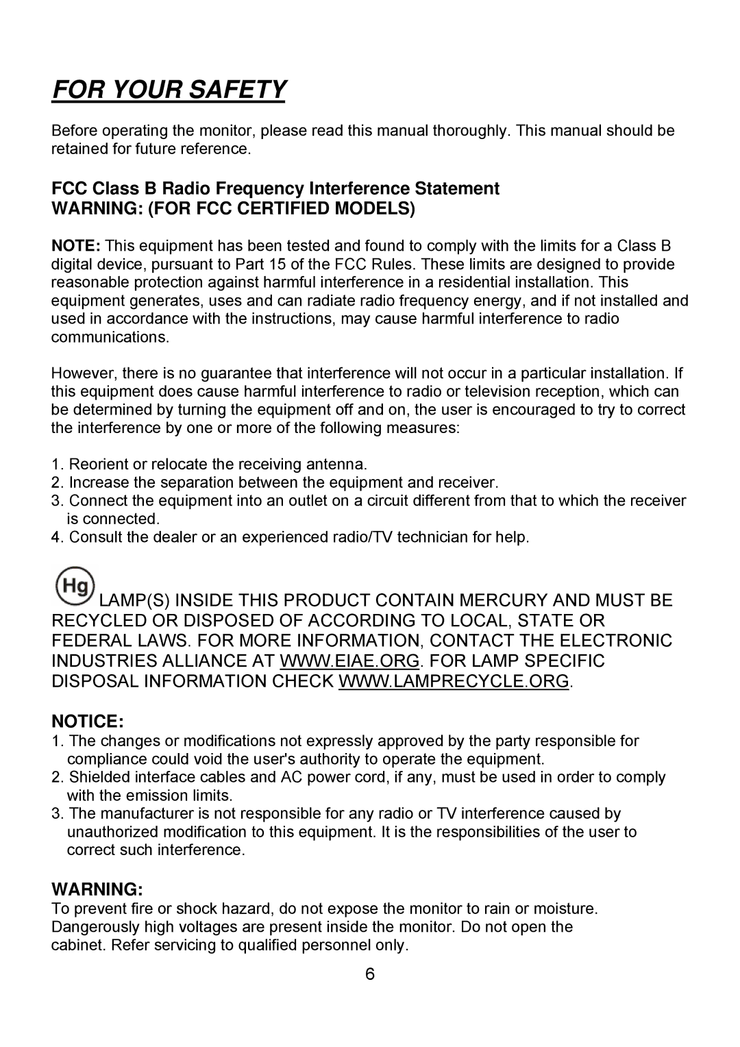 Planar PQ1710M manual For Your Safety, FCC Class B Radio Frequency Interference Statement 