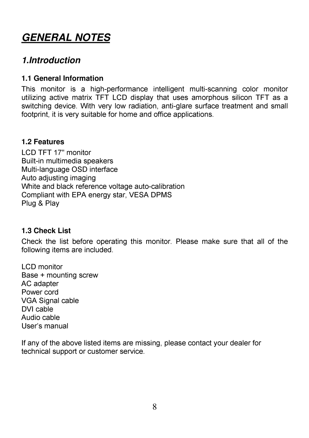 Planar PQ1710M manual Introduction, General Information, Features, Check List 