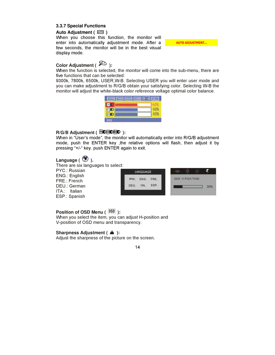 Planar PQ1910M manual Special Functions Auto Adjustment, Color Adjustment 