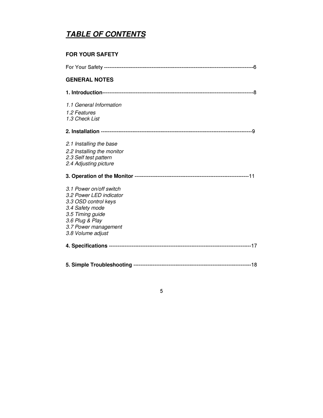 Planar PQ1910M manual Table of Contents 