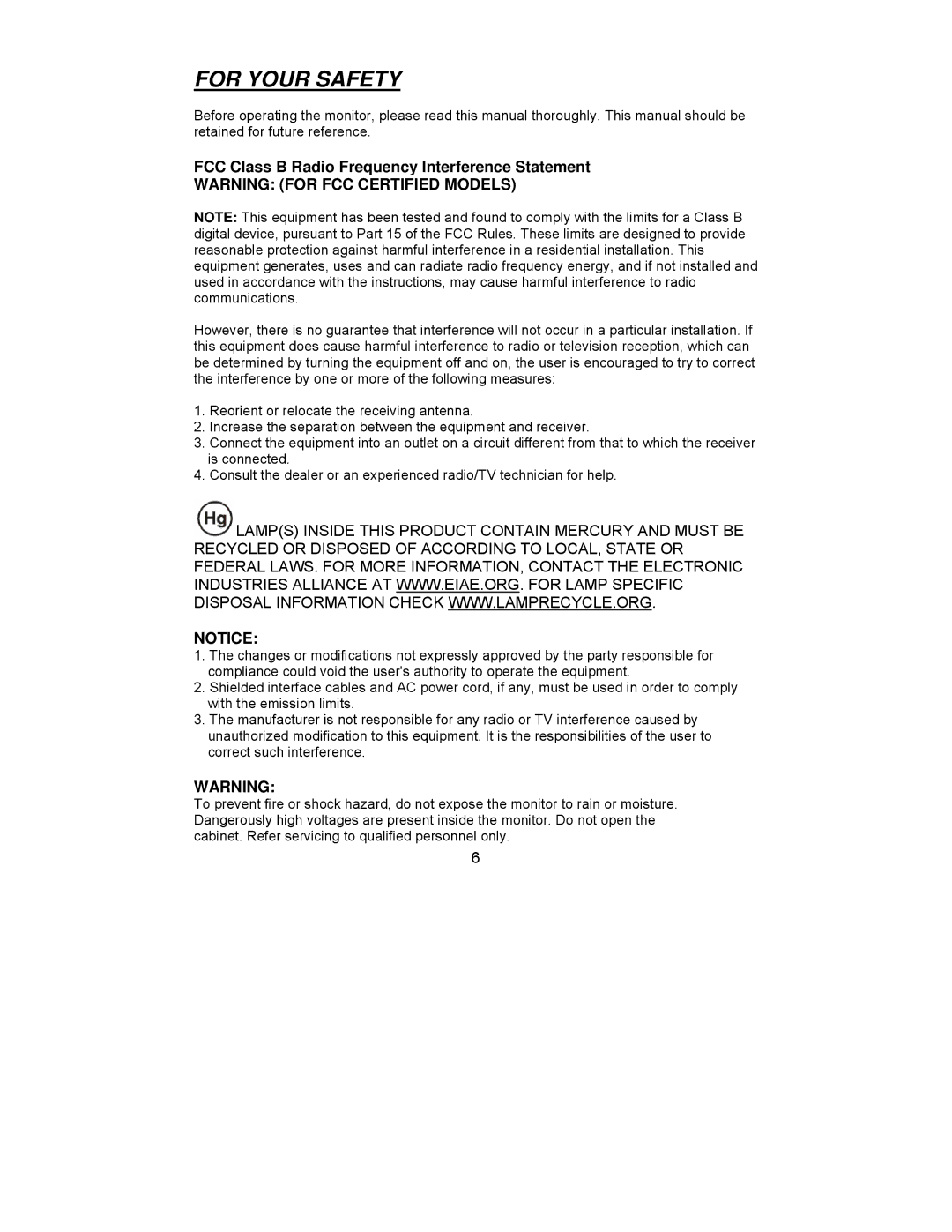 Planar PQ1910M manual For Your Safety, FCC Class B Radio Frequency Interference Statement 