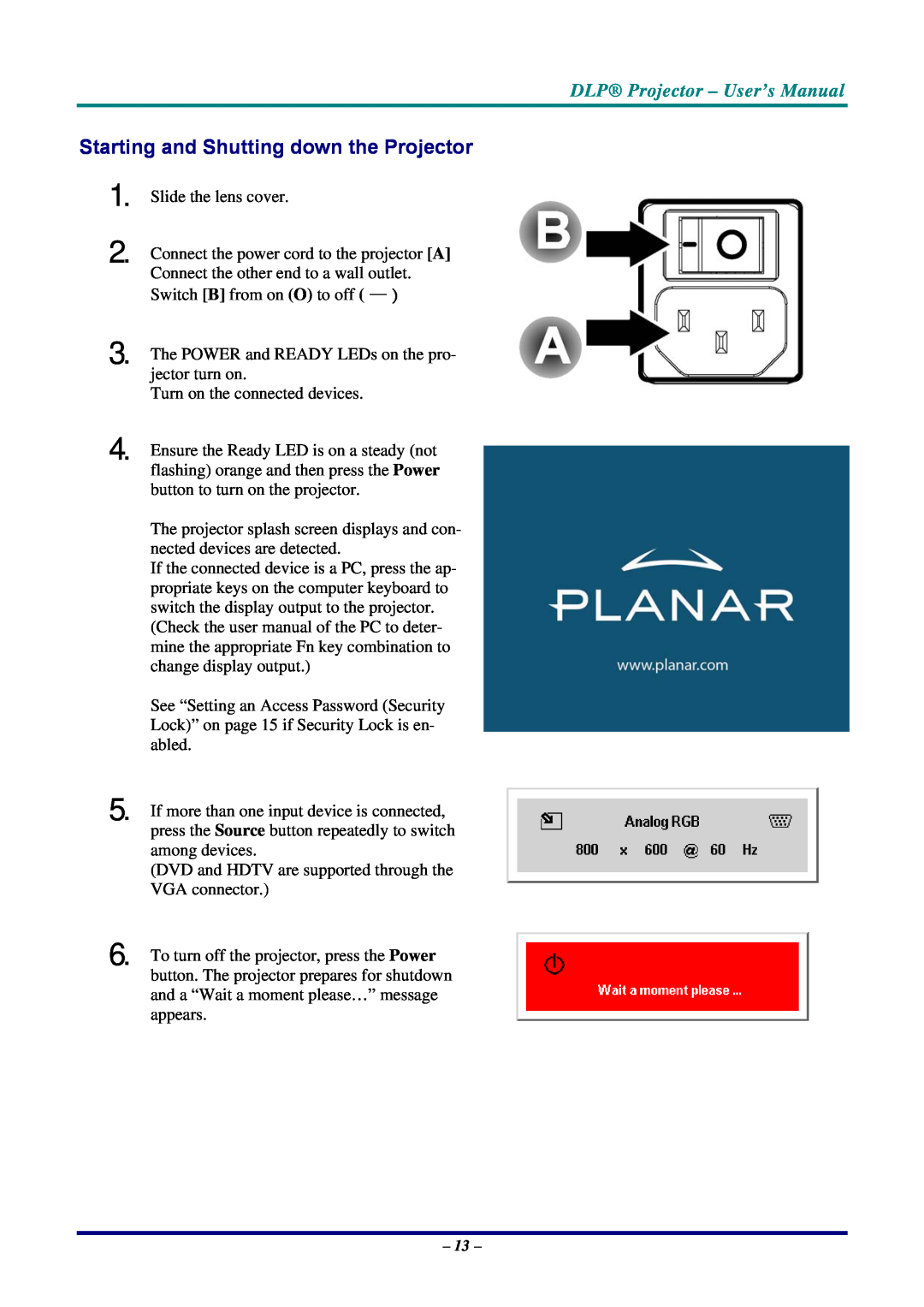Planar PR5020, PR3020 manual Starting and Shutting down the Projector, DLP Projector - User’s Manual 