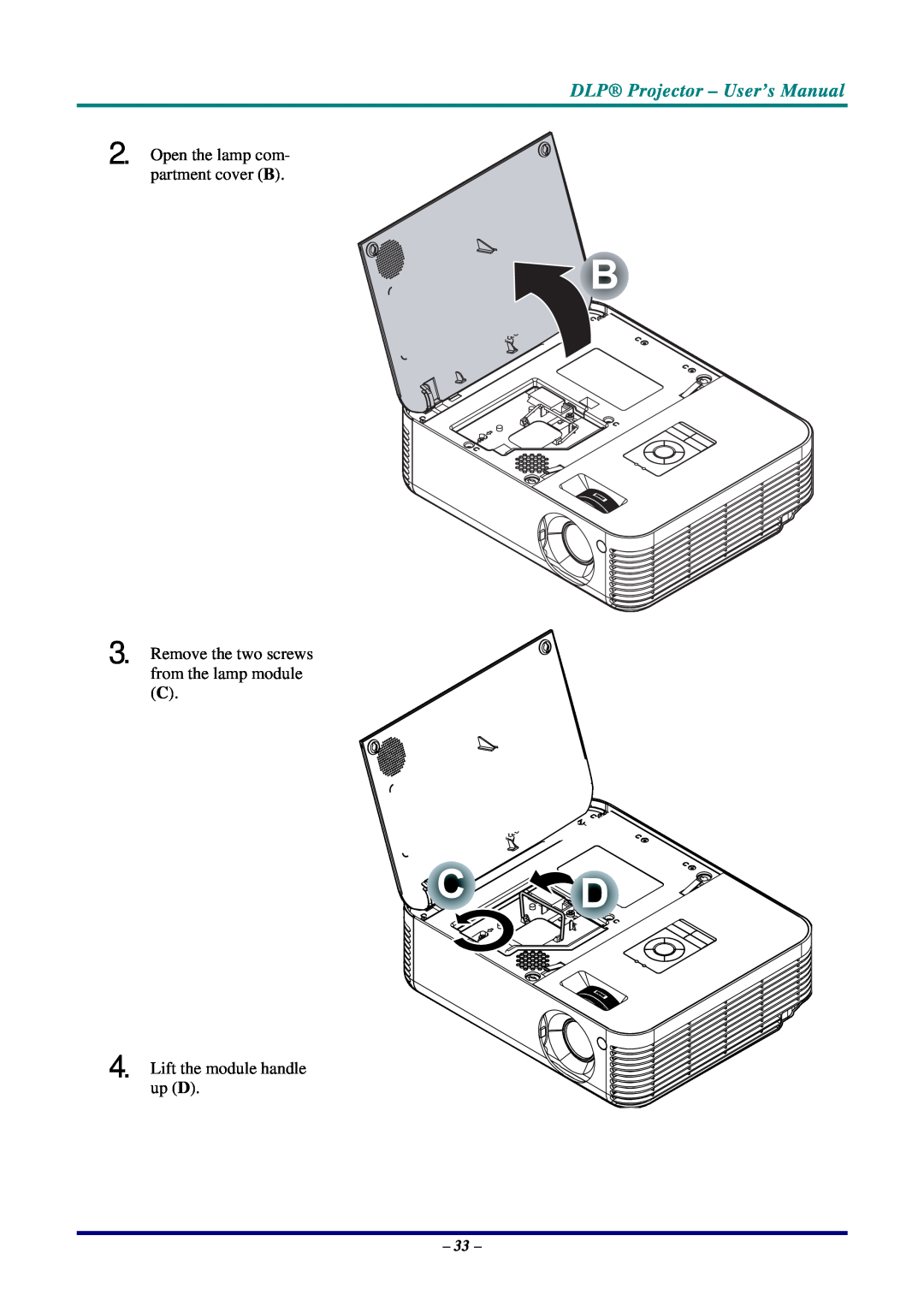 Planar PR5020, PR3020 manual DLP Projector - User’s Manual, Open the lamp com- partment cover B, Lift the module handle up D 