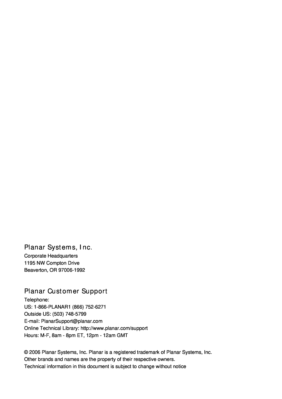 Planar PR3020, PR5020 manual Planar Systems, Inc, Planar Customer Support 