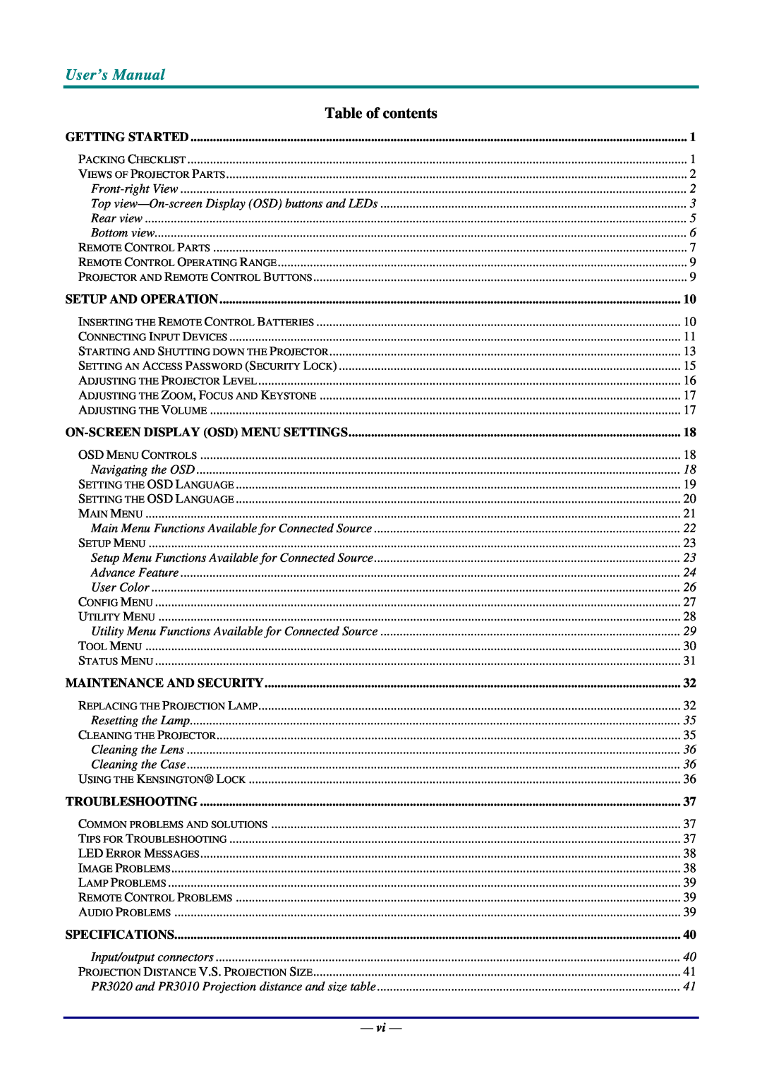 Planar PR5020 Table of contents, User’s Manual, Getting Started, Setup And Operation, On-Screen Display Osd Menu Settings 